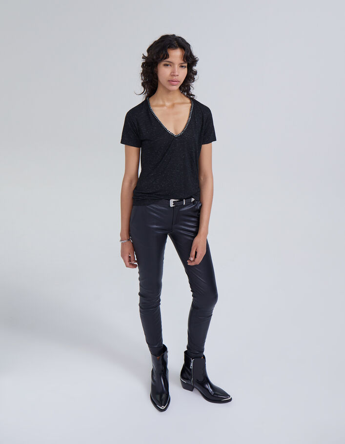Tee-shirt noir lurex encolure V bijou Femme