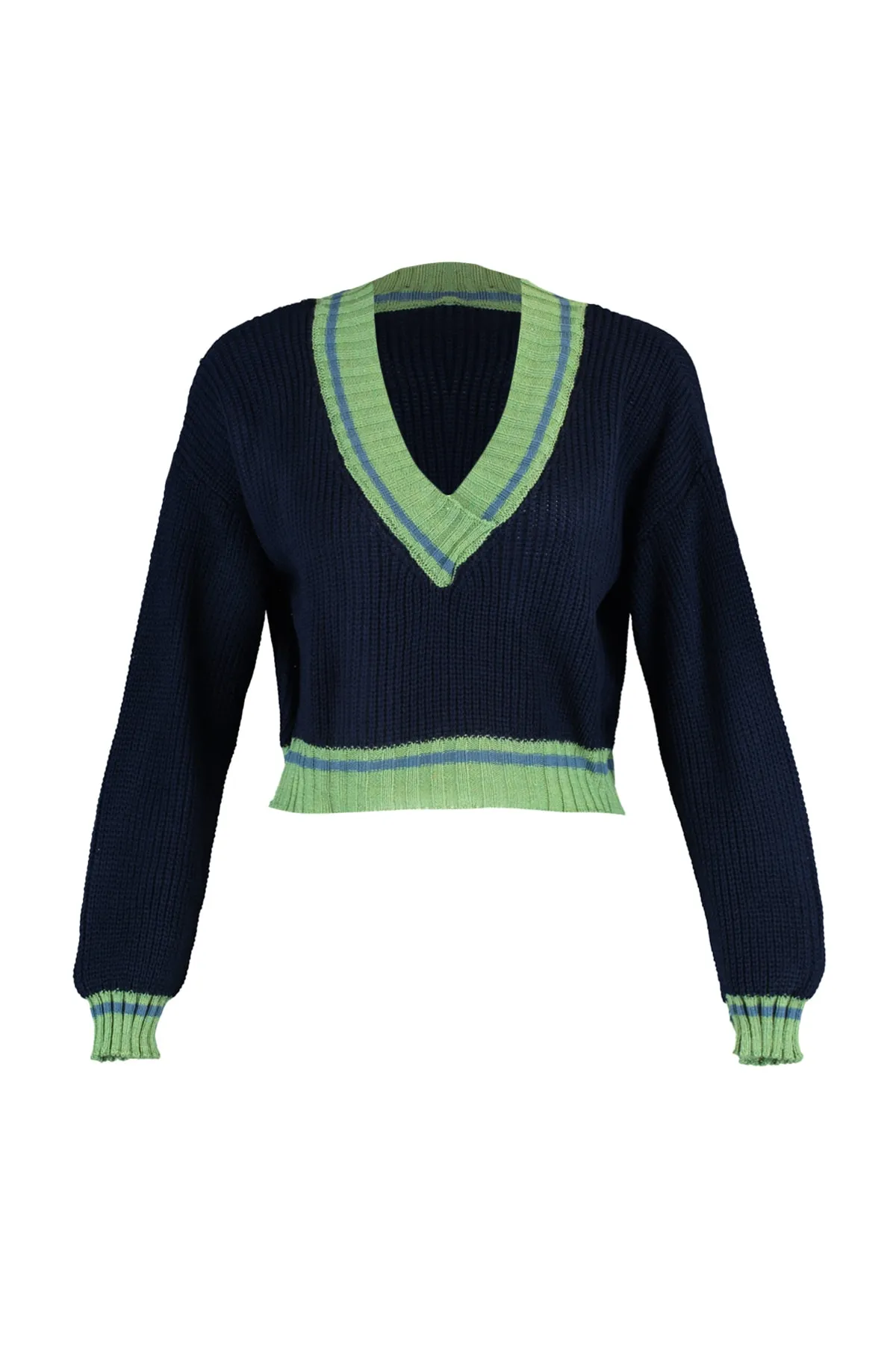 Trendyol Collection  Marineblauer kurzer Strickpullover mit V-Ausschnitt TWOAW22KZ1492