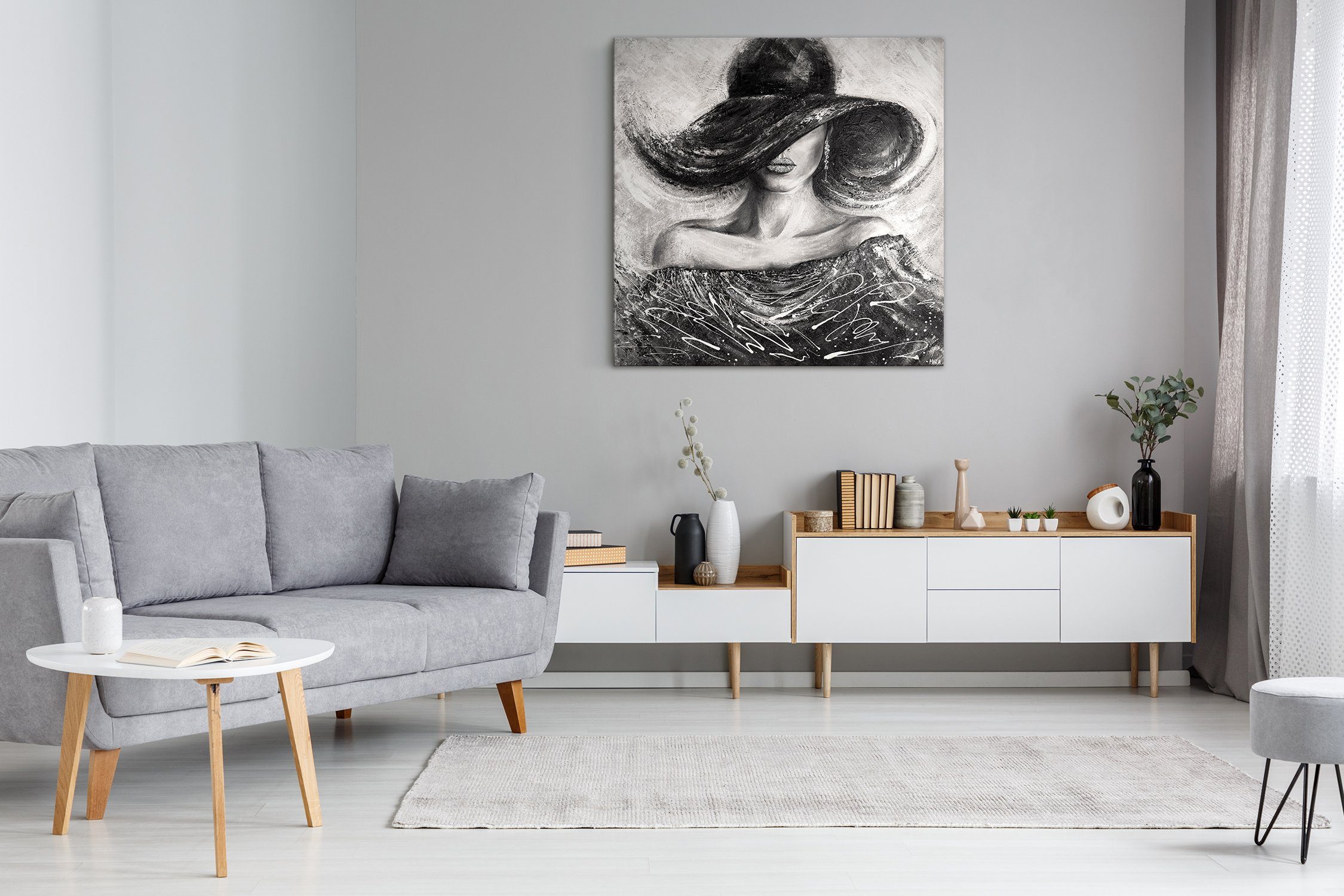 YS-Art Gemälde Charme, Menschen, Leinwand Bild Handgemalt Quadratisch Frau mit Hut schwarz