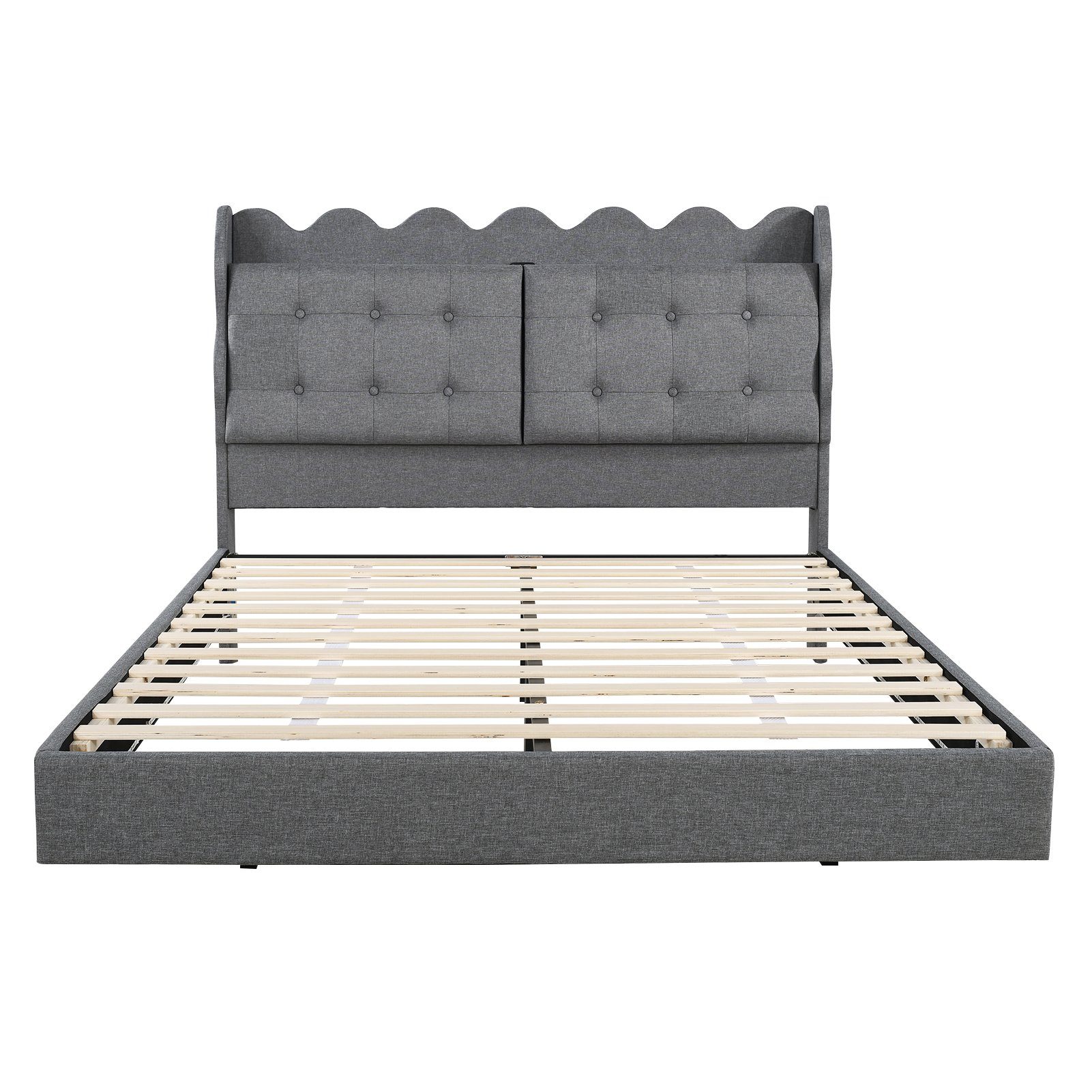 Flieks Polsterbett, LED Doppelbett 140x200cm mit Stauraumfach und Ladeanschluss Leinen