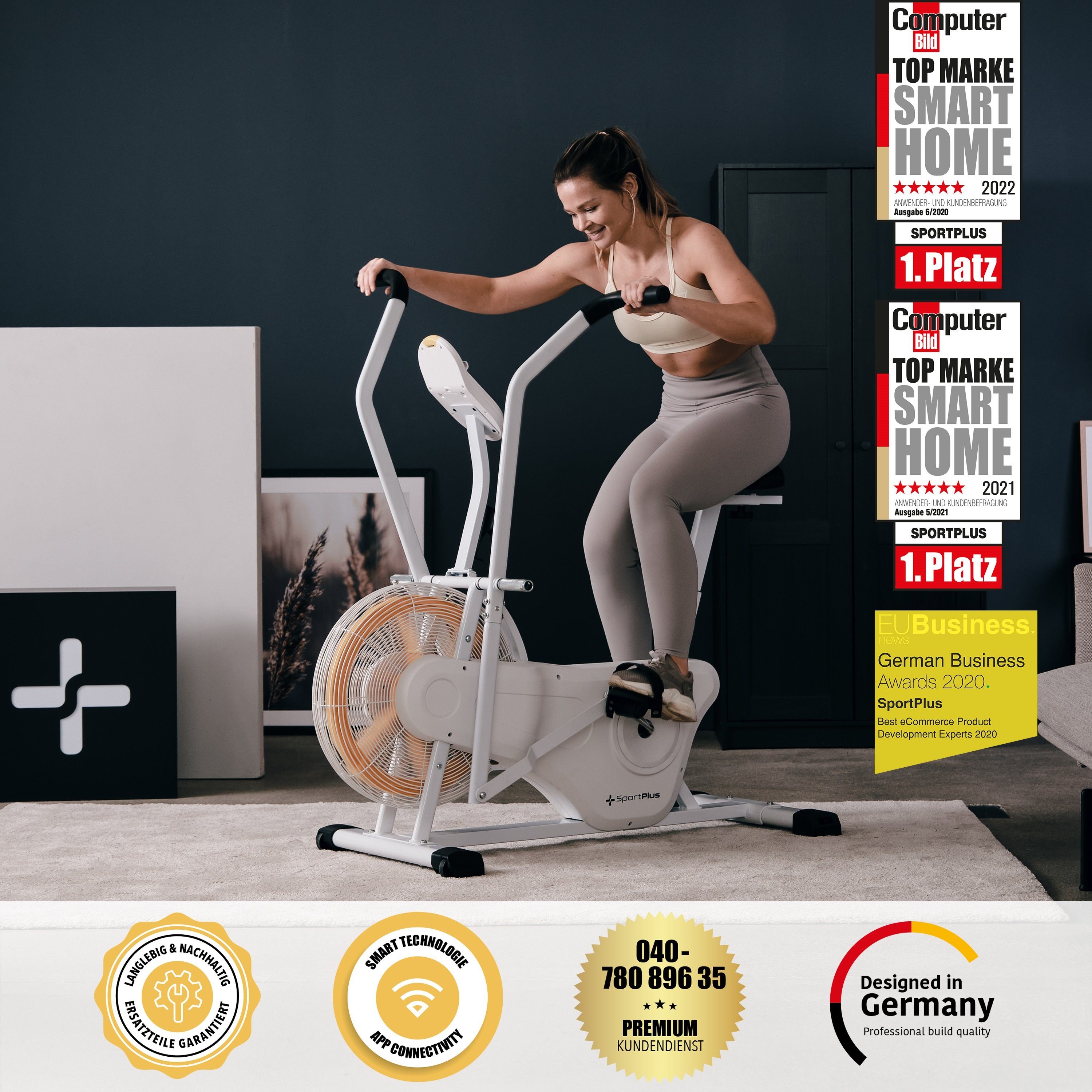 SportPlus Heimtrainer SP-FB-2100-W-iE, Profi Air Bike, Luftwiderstand, Heimtrainer für HIIT, SP-FB-2100-W-iE