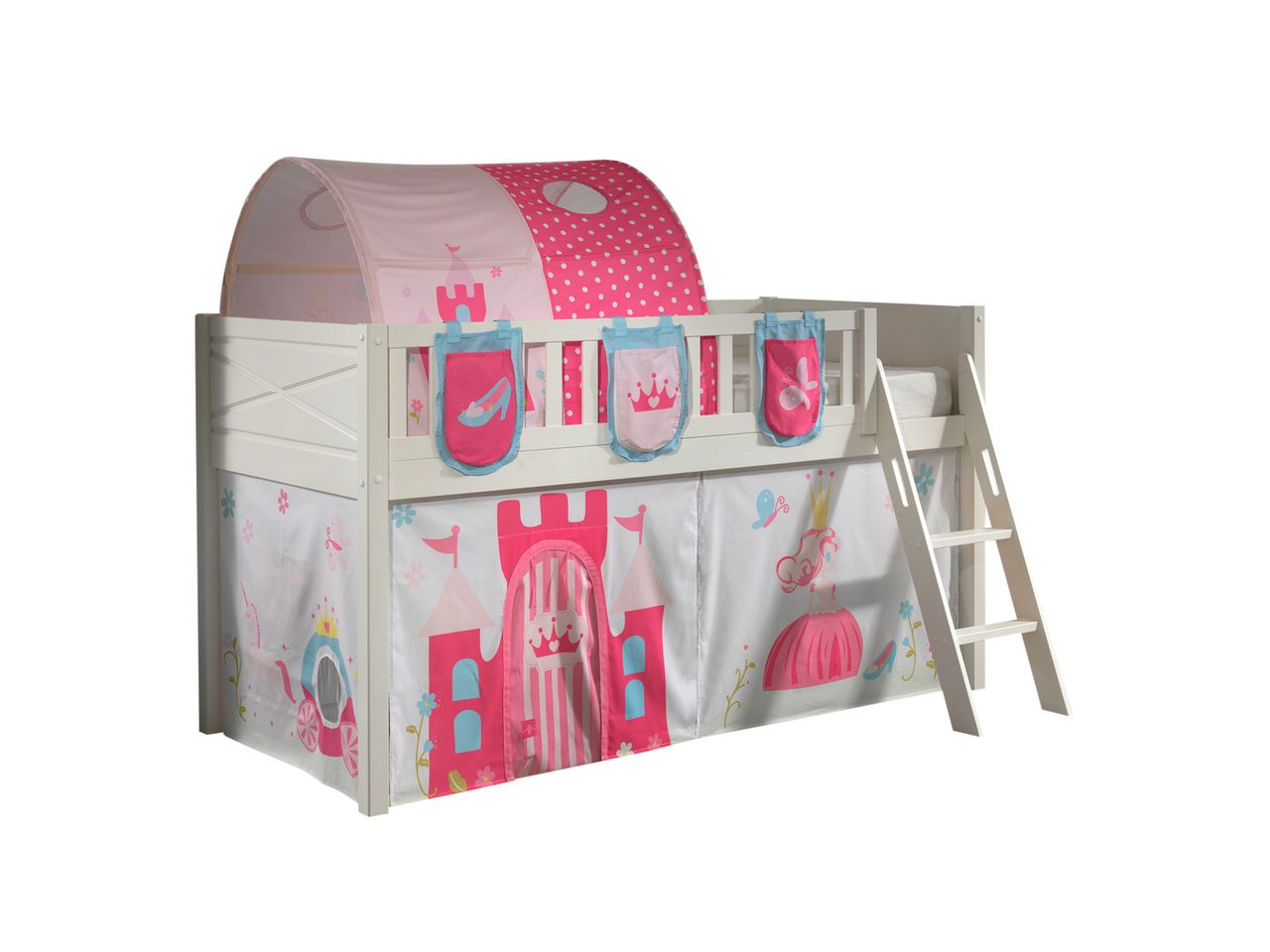 VIPACK Spielbett SCOTT, LF 90 x 200 cm, mit Rolllattenrost, Leiter und Textilset Vorhang, Tunnel und 3 Taschen 