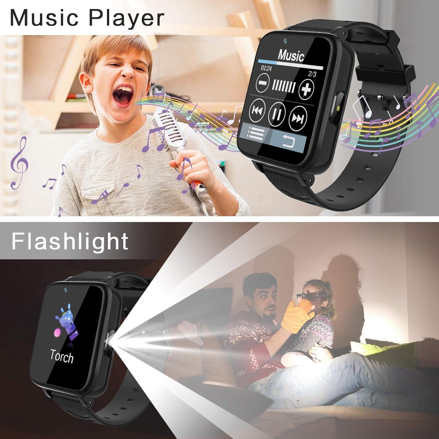 Igreeman Smartwatch (1,54 Zoll), für Kinder Telefon mit Anruffunktion SOS Musik Player Spiel Kamera Uhr