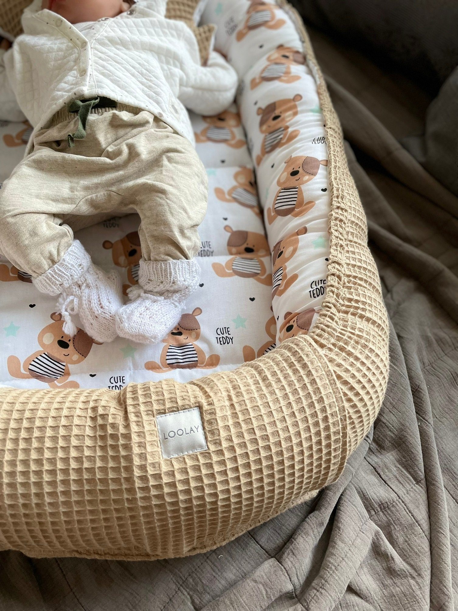 Loolay Bettnestchen TAUPE WAFFELPIQUE Braun TEDDY Baumwolle BABYNEST Babykokon Kokon, (Neugeborene Babyaustattung Reisebett Nestchen SOLO/ o. in Geschenk SETS, 1-tlg., 4 Jahreszeiten ATMUNGSAKTIVER TAUPE WAFFEL), 100% Europäische Stoffe und Kleinseri