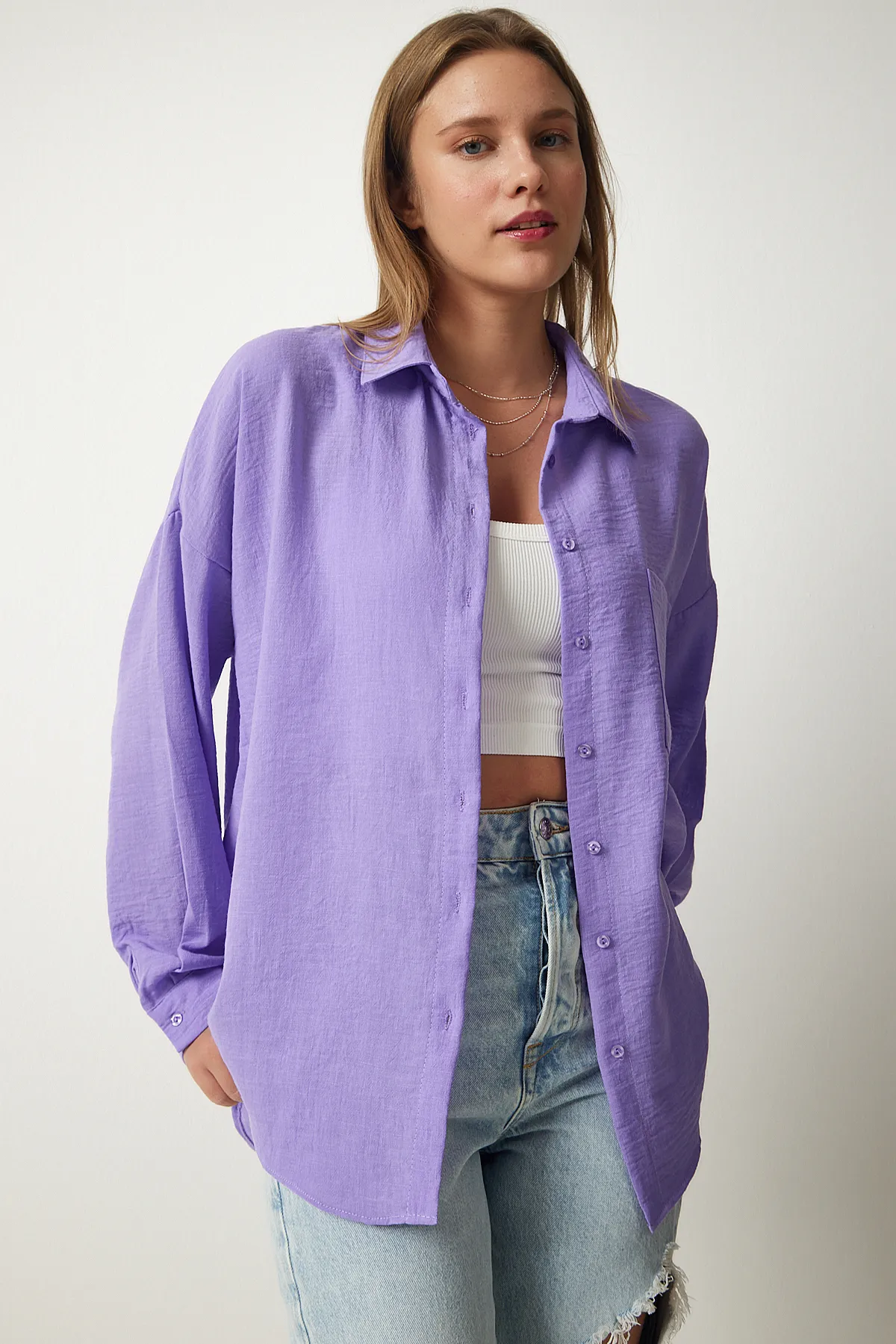 Happiness İstanbul  Lilafarbenes Oversize-Leinen-Ayrobin-Hemd für Damen DD01222