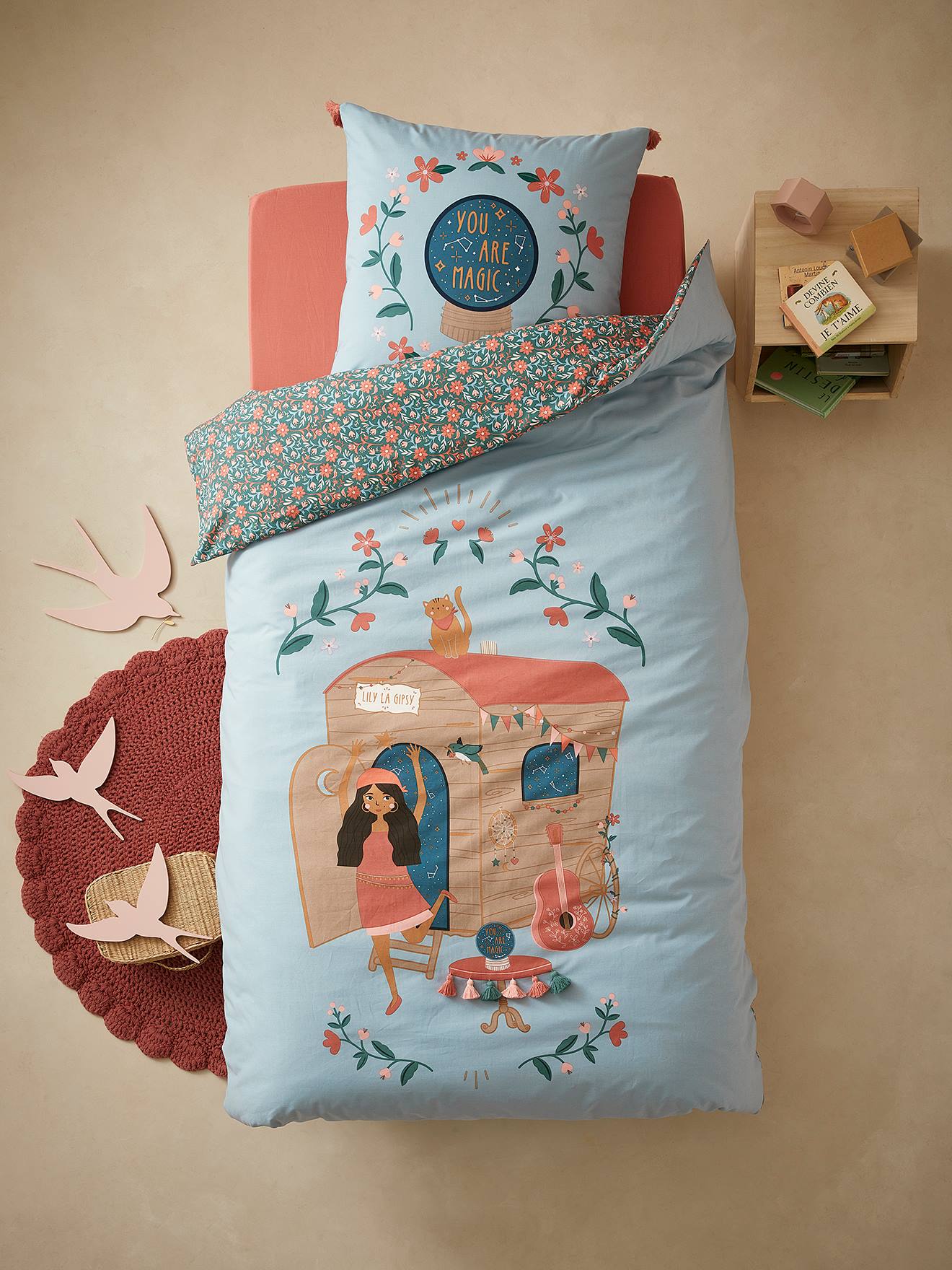 Parure housse de couette + taie d'oreiller enfant GIPSY ROULOTTE bleu