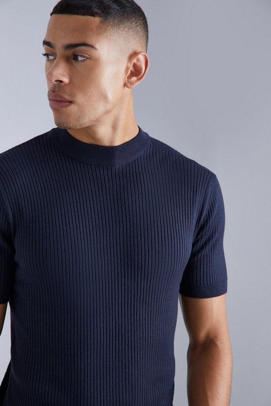 Recycelter gerippter Rollkragenpullover mit kurzen Ärmeln