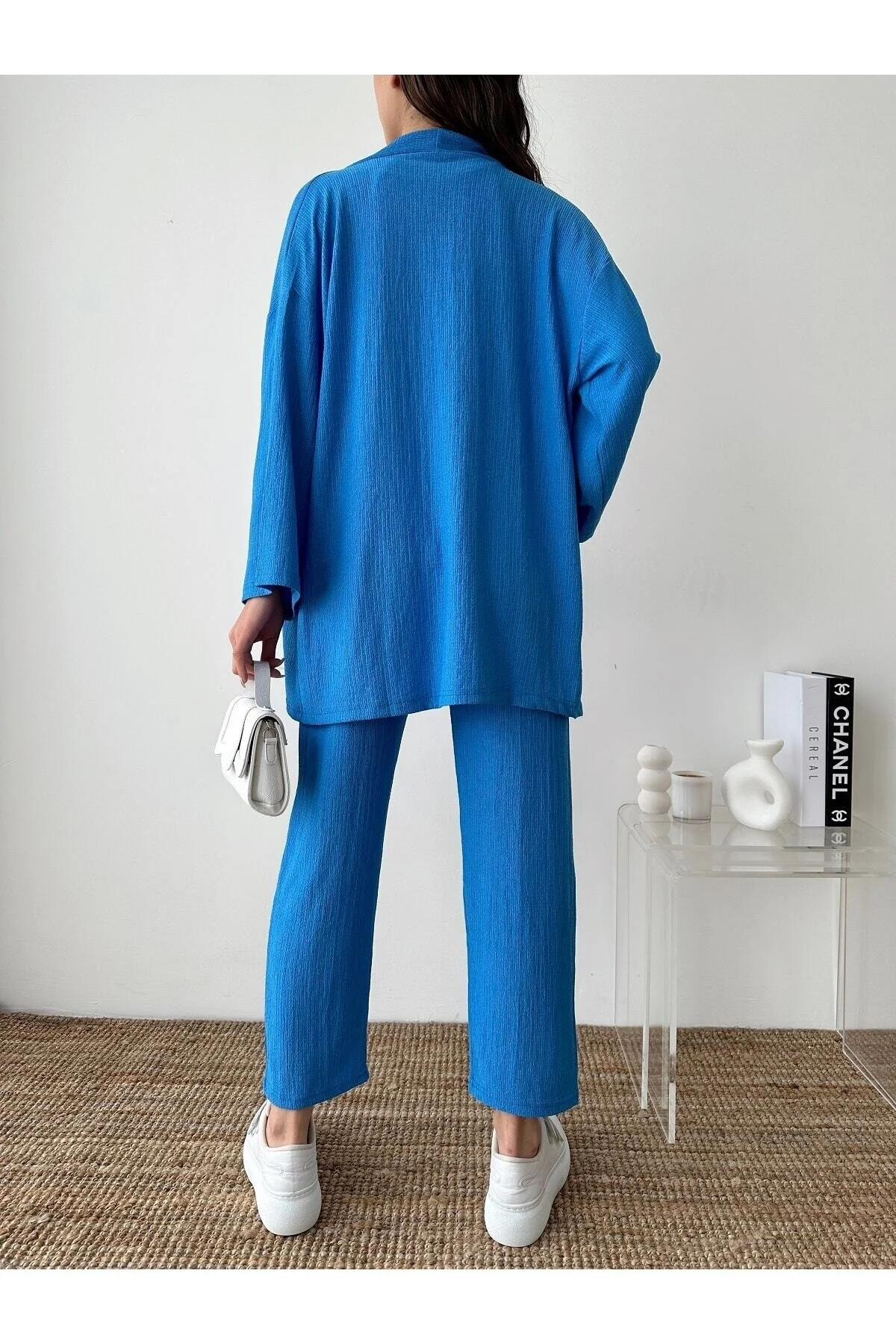 BEJNA  Blaues Kimono-Hosen-Strickset für Damen