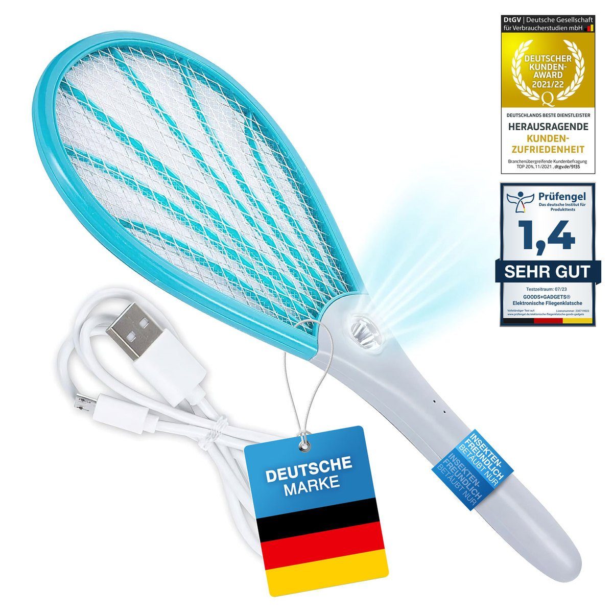 Goods+Gadgets Fliegenmasken Elektrische Fliegenklatsche (1 St., Mückenklatsche), Elektro Fliegenfänger