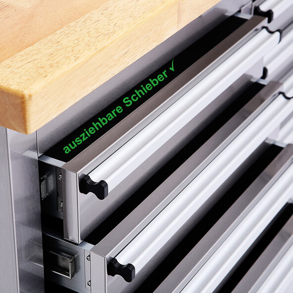 Edelstahl-Werkstattwagen, 10 Schubladen, 148 cm