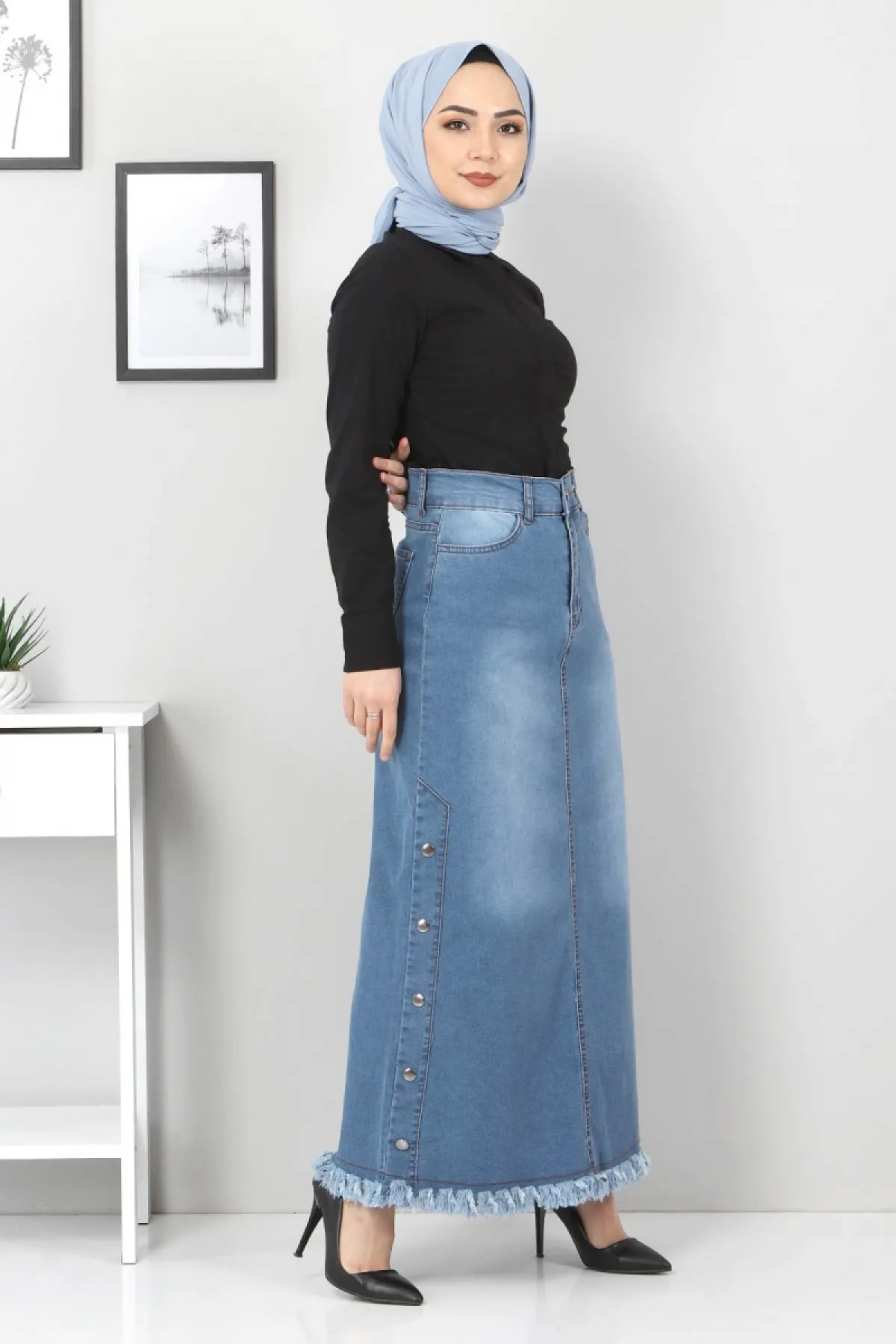 Tesettür Dünyası  Jeansrock mit ausgestellten Seiten Tsd22019 Hellblau