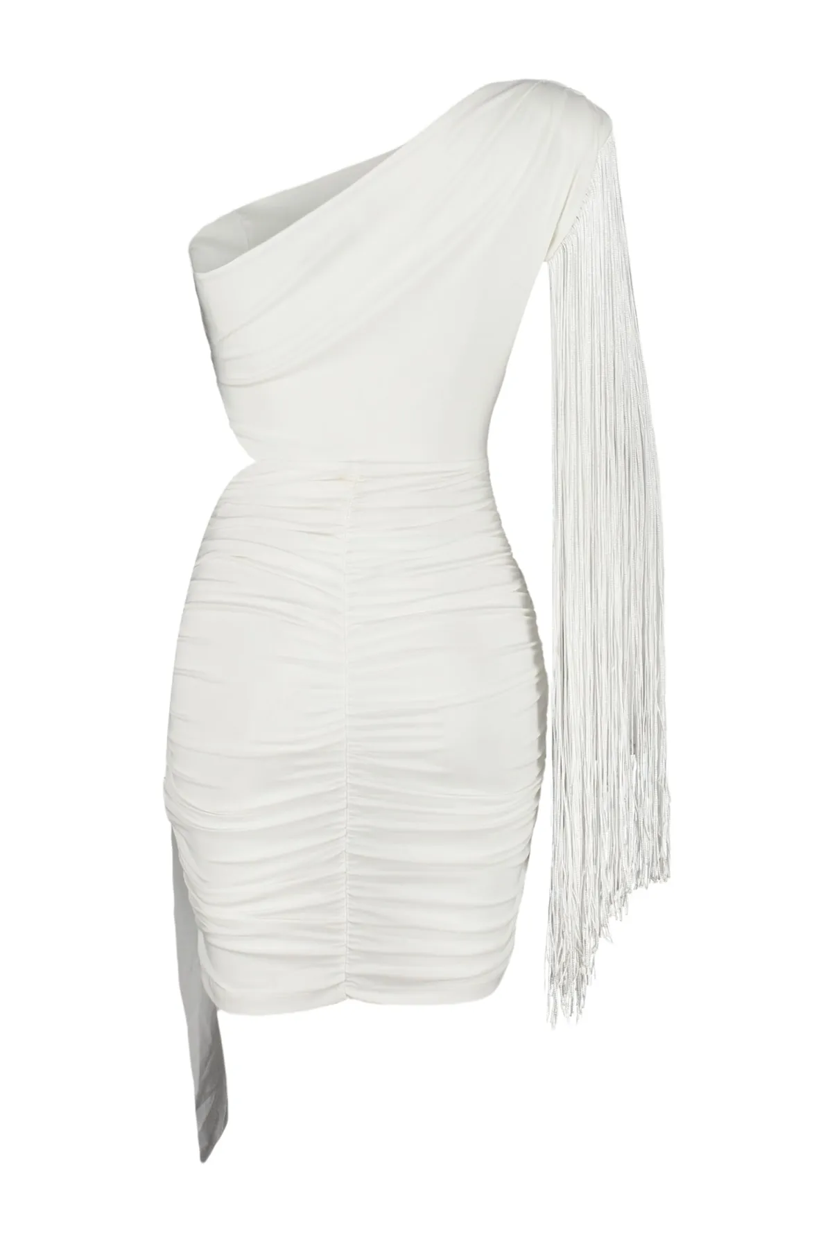 Trendyol Collection  Ecrufarbenes, gefüttertes, gestricktes, mit Quasten besetztes, detailliertes Brautabendkleid mit Fensterausschnitt und Aussparungen TPRSS23EL00181