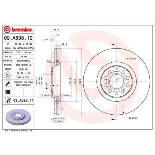 09.A598.11 BREMSSCHEIBE BREMBO VA  VP2 - ATU