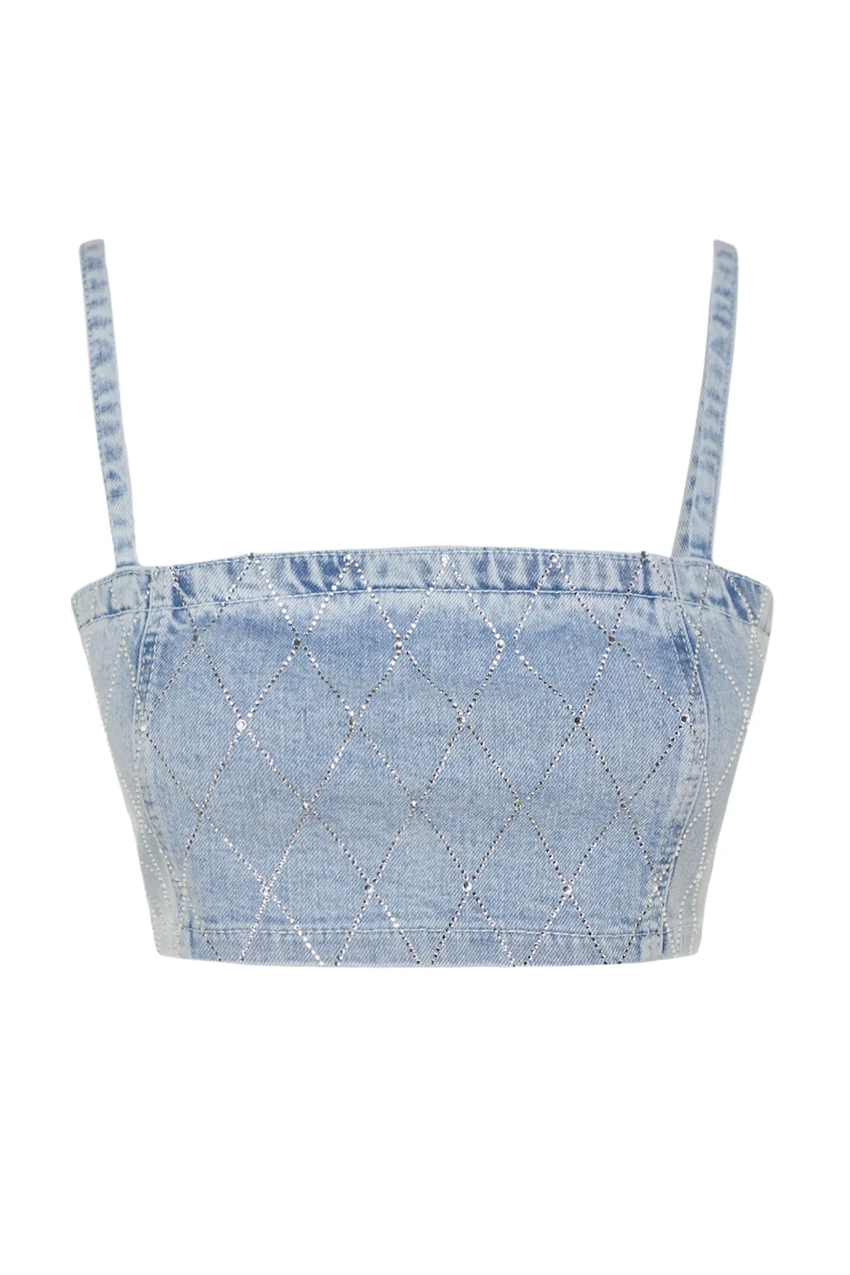 Trendyol Collection  Bustier aus blauem, bauchfreiem Denim mit glänzendem Stein TPRSS23BS00116