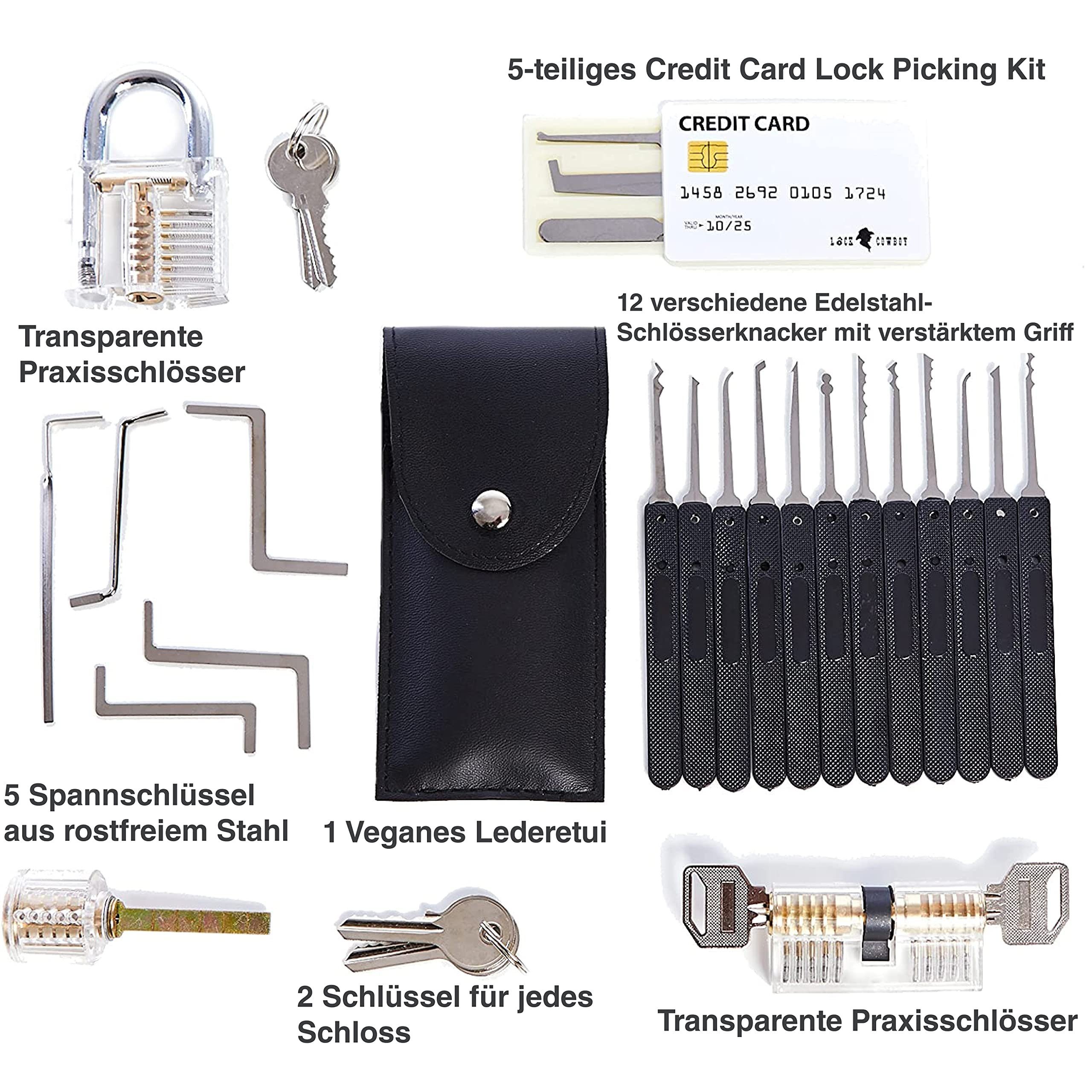 Lock Cowboy Vorhängeschloss 30-tlg Lockpicking-Set mit Transp. Übungsschlössern + Dietrich-Set, Edelstahl