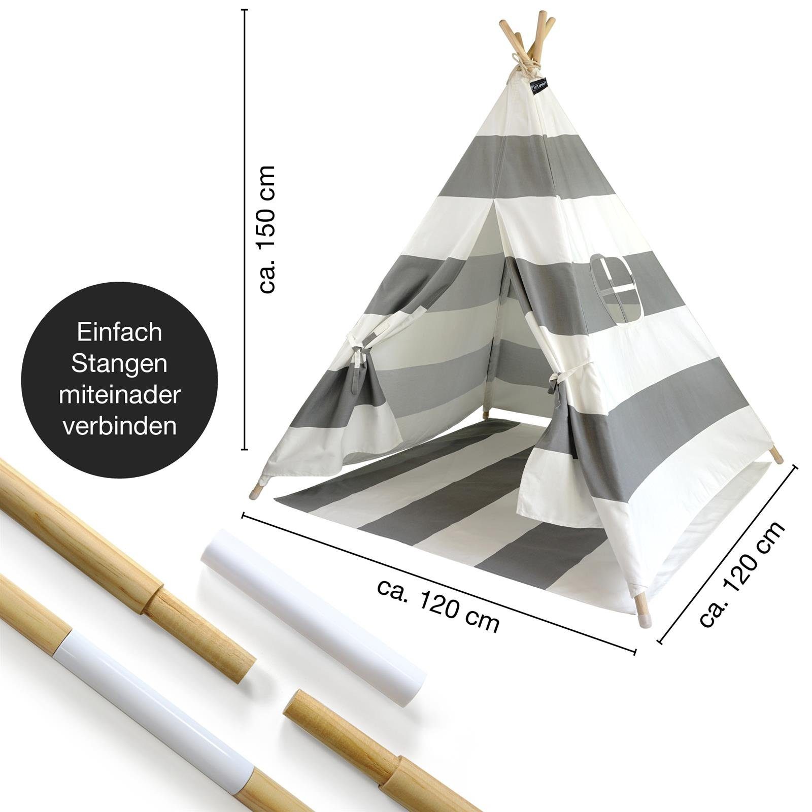 Hej Lønne Tipi-Zelt Tipi Zelt für Kinder grau gestreift Kinderzelt, (6er Set)