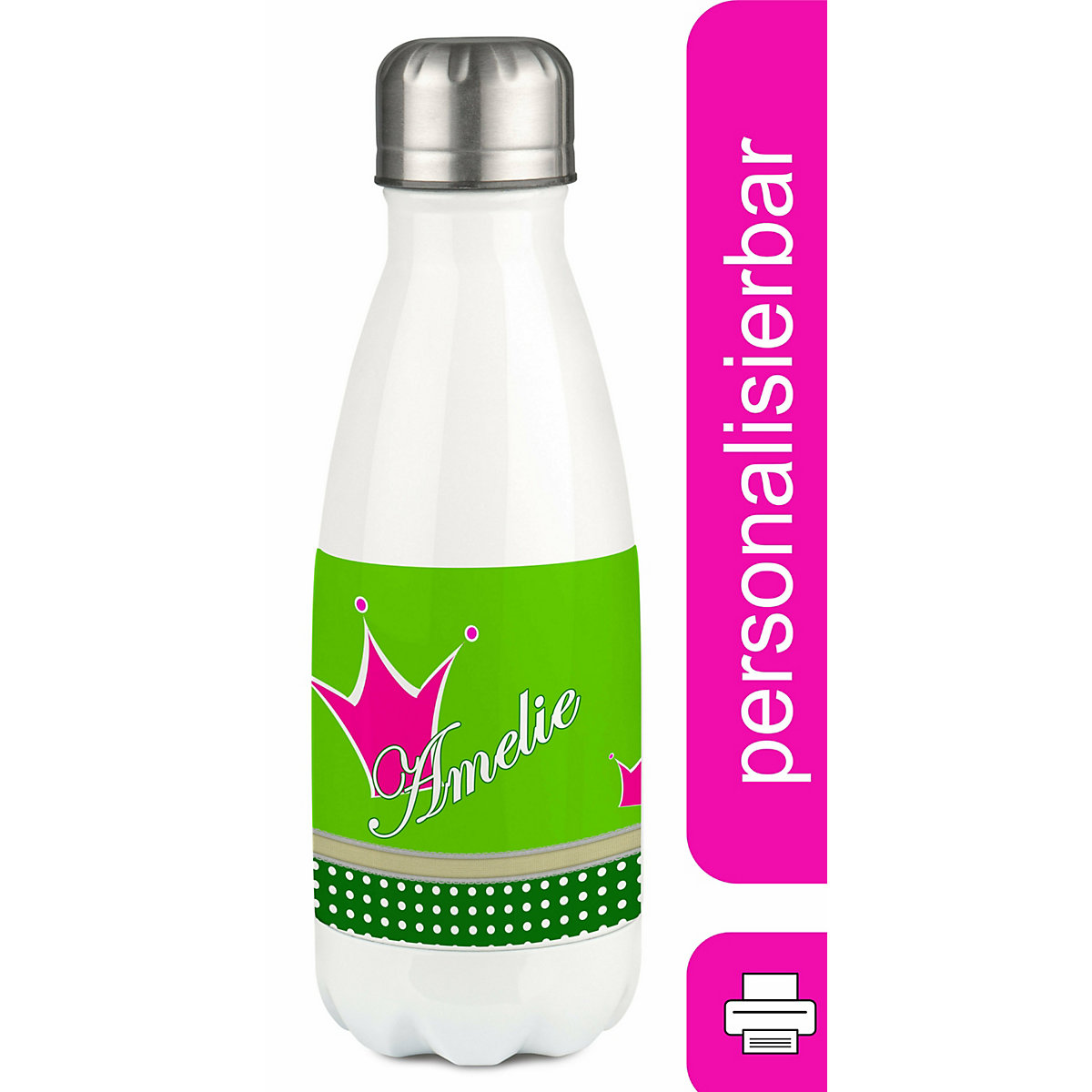 Edelstahl Kinder Thermoflasche / Trinkflasche bunt Krone Farbe pink apfelgrün Spülmaschinenfest, Auslaufsicher, Bruchfest, Doppelwandig, Für Heißgetränke geeignet, Mit Deckel, Isoliert