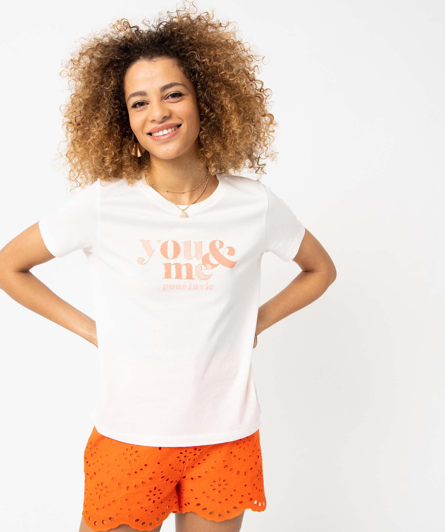 Tee-shirt femme à manches courtes à message pailleté blanc | GEMO