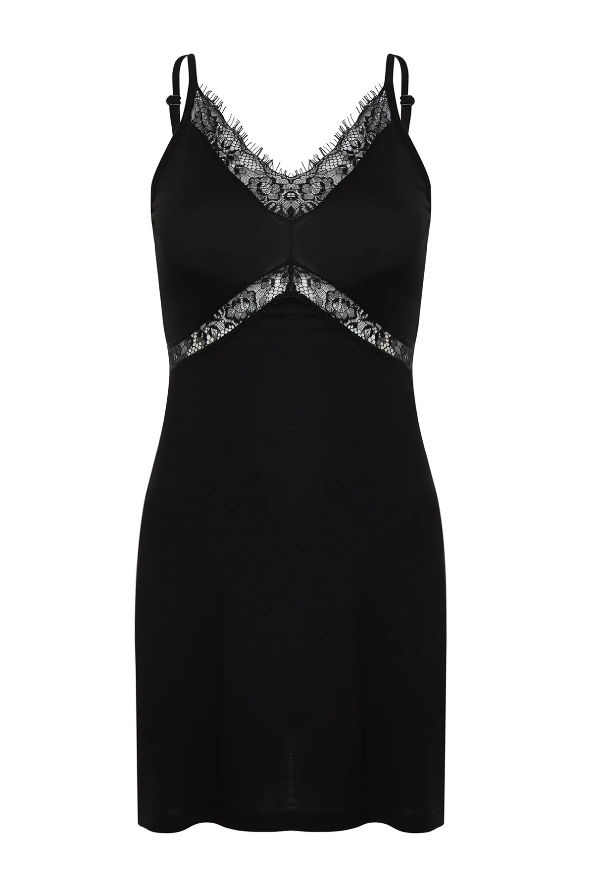 Trendyol Collection  Schwarzes Nachthemd aus Viskose-Strick mit Spitzendetail und Seilträgern THMSS24GC00005