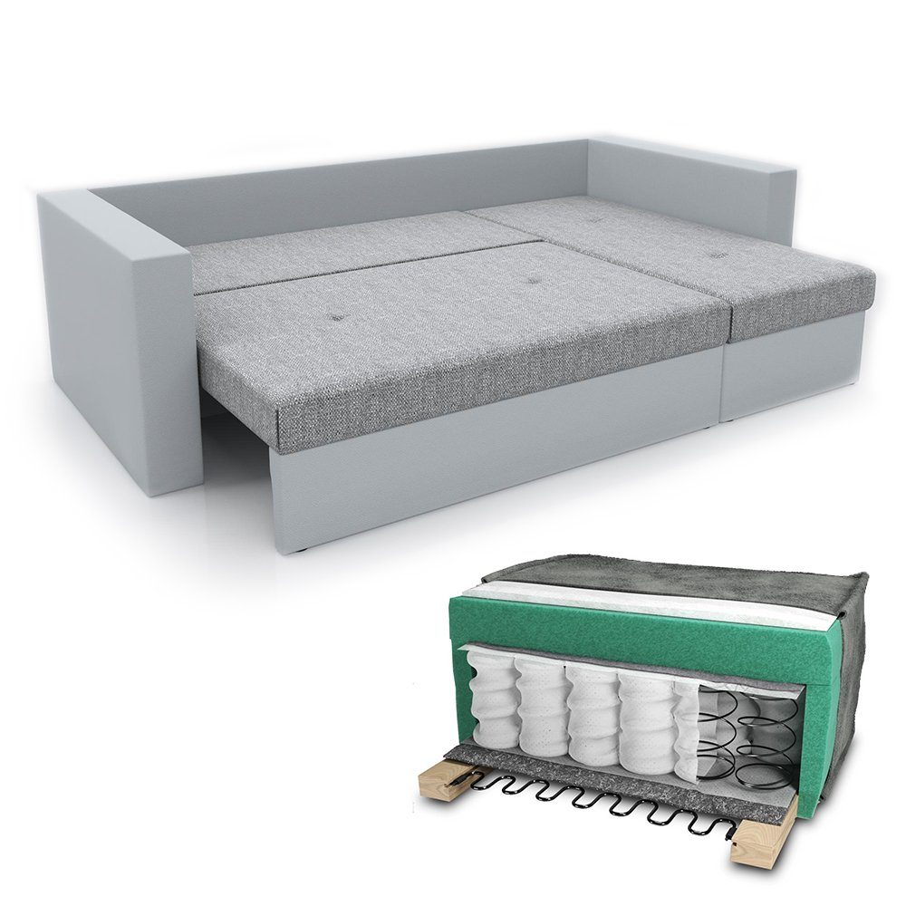 Vicco Ecksofa Sofa Couch Schlafsofa mit Schlaffunktion Weiß/Grau, mit Bettfunktion
