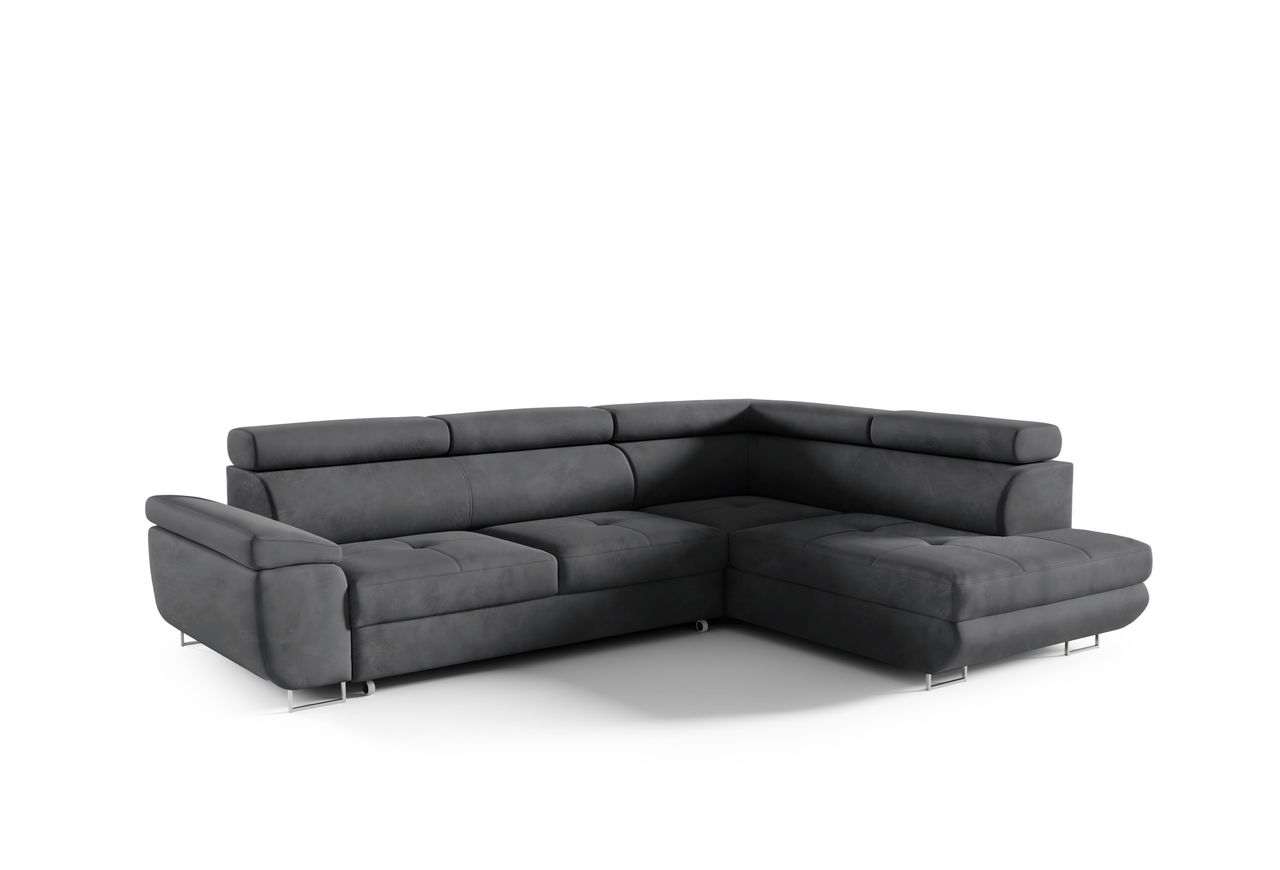 Möbel Punkt Wohnlandschaft Ecksofa Monaco Samt Grau mit Bett Bettkasten Kopfteilverstellung Bett Sofa Schlafsofa Ottomane rechts