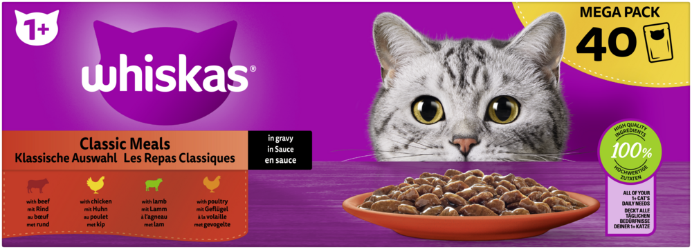 Whiskas Portionsbeutel Multipack Mega Pack 1  Klassische Auswahl in Sauce 40 x 85g