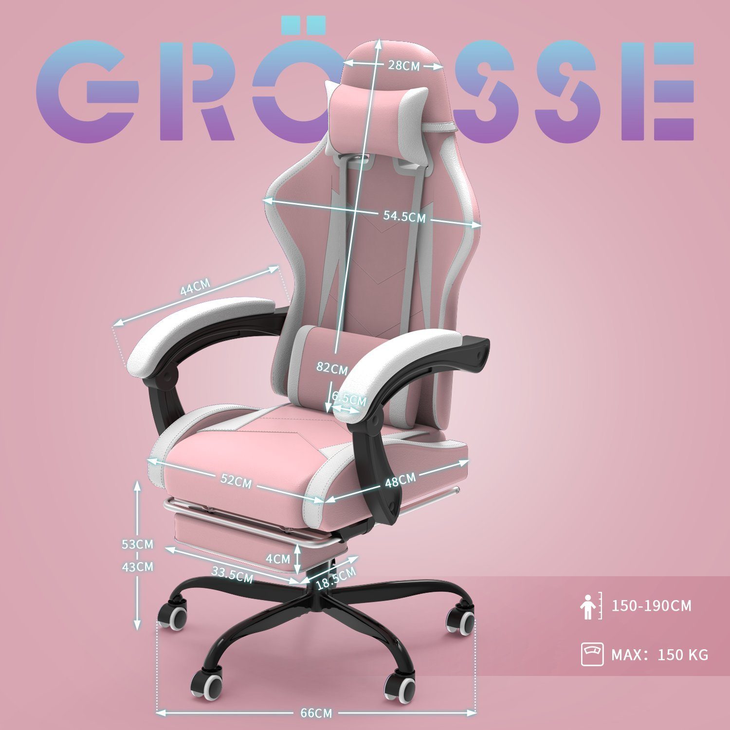 GUNJI Gaming Chair Massage Gaming Stuhl mit Fußstütze, 90-135° Rückenlehne einstellbar