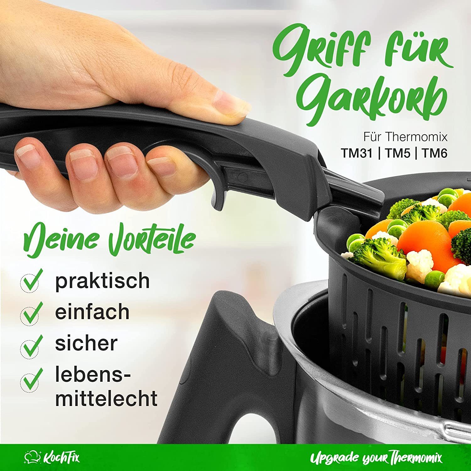 Mixcover Küchenmaschinen-Adapter KochFix Griff für Thermomix Gareinsatz Garkorb für TM6 TM5 TM31 Innovativer Zangengriff für sicheren Halt beim Herausnehmen einfache Bedienung