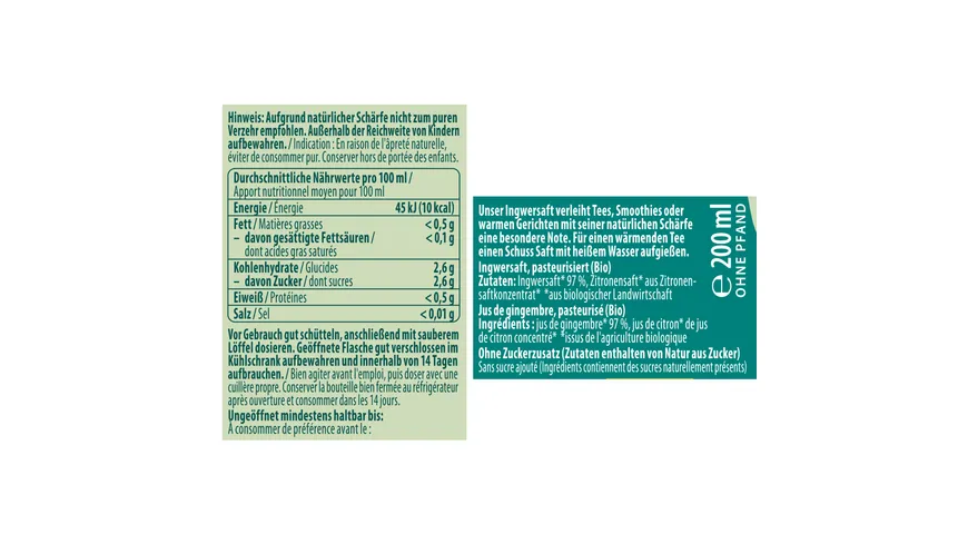 Alnavit Bio Ingwer Saft glutenfrei 200 ml