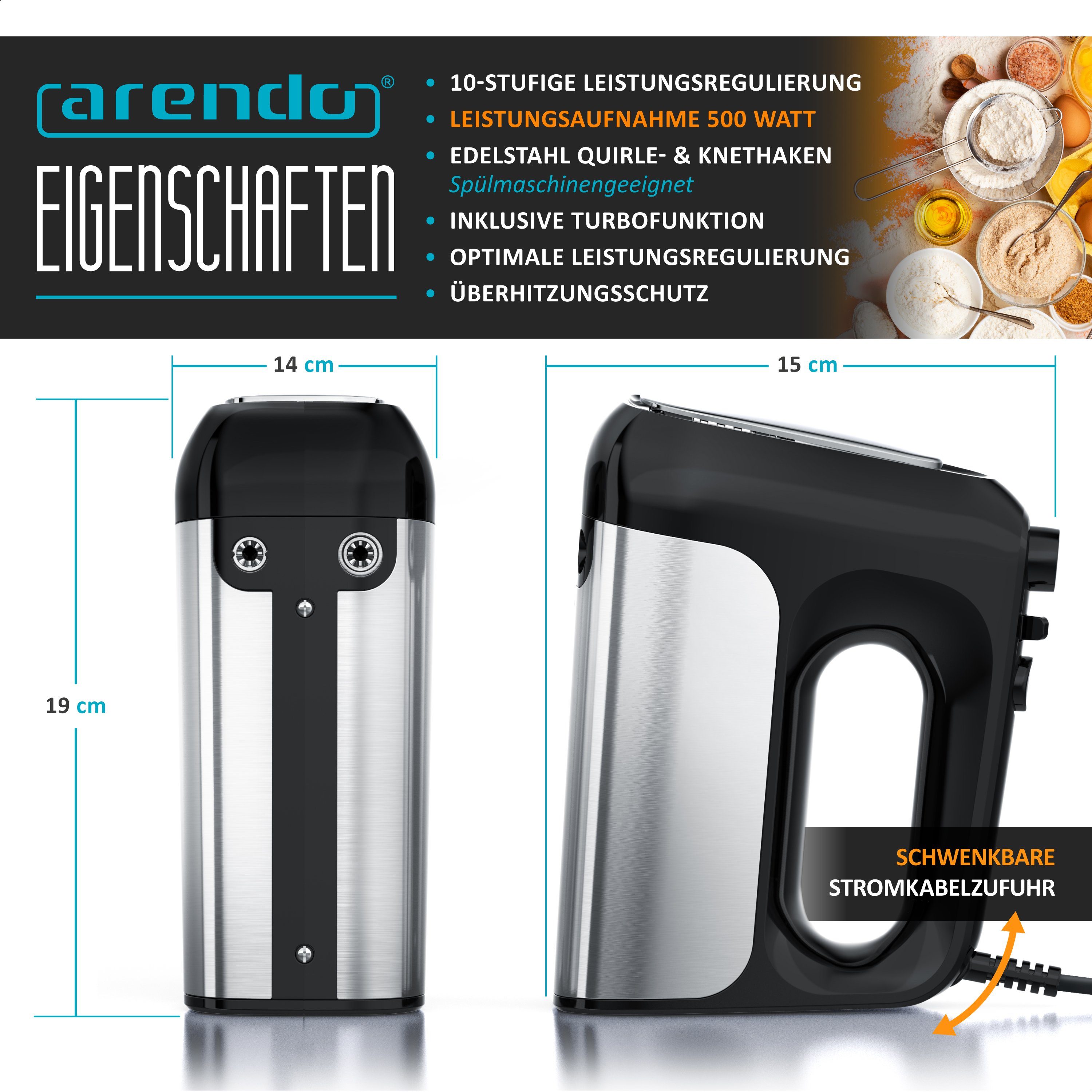 Arendo Handmixer, 500 W, Elektrischer Handrührer inkl. 2 Quirle und 2 Knethaken, Handrührgerät