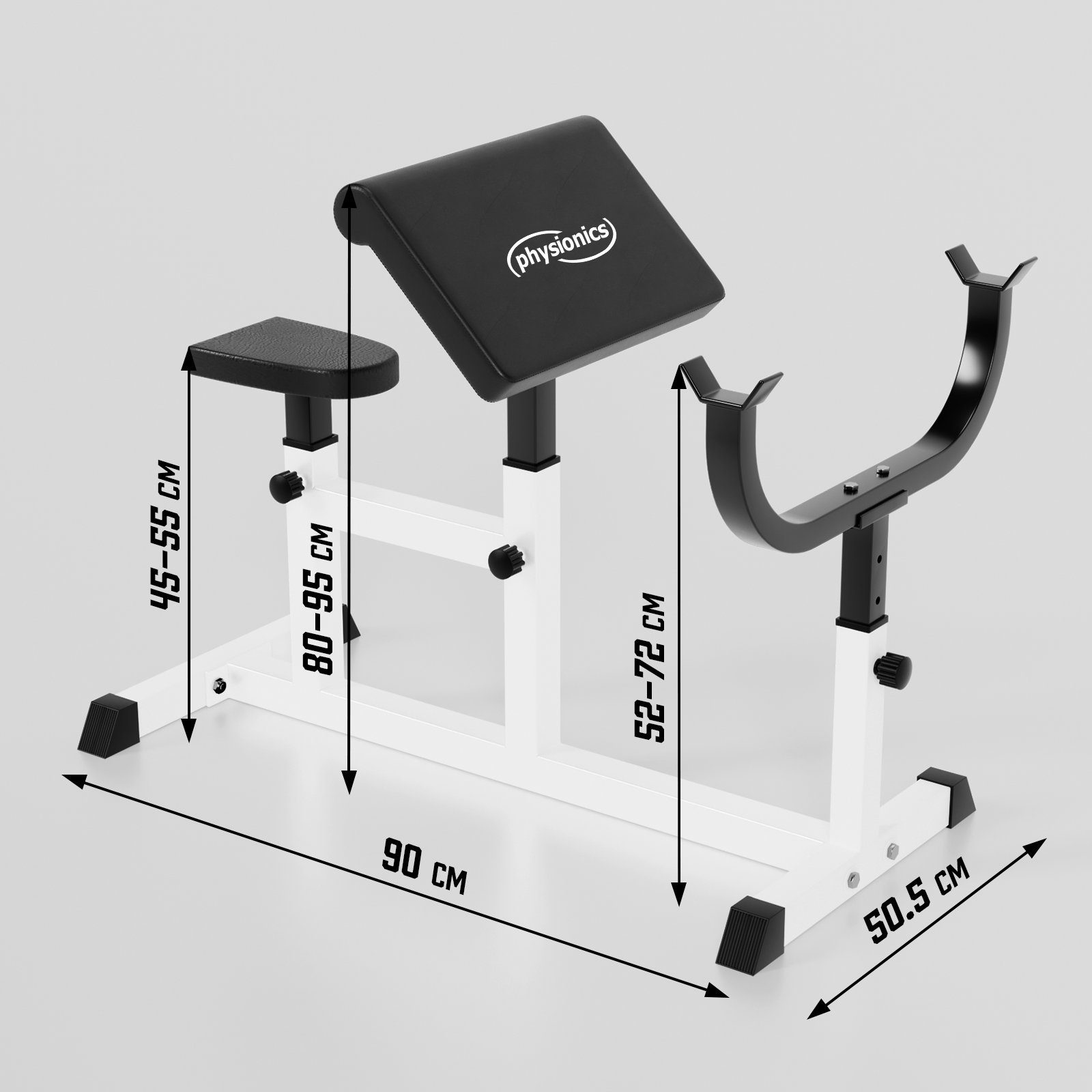 Physionics Hantelbank Curlbank - Sitz 5-Fach, Armlehne 4-Fach, Langhantelablage 6-Fach höhenverstellbar, bis 200 kg belastbar- Curl Hantelbank, Curlpult, Bizepsbank, Scottbank, Curl-Maschine
