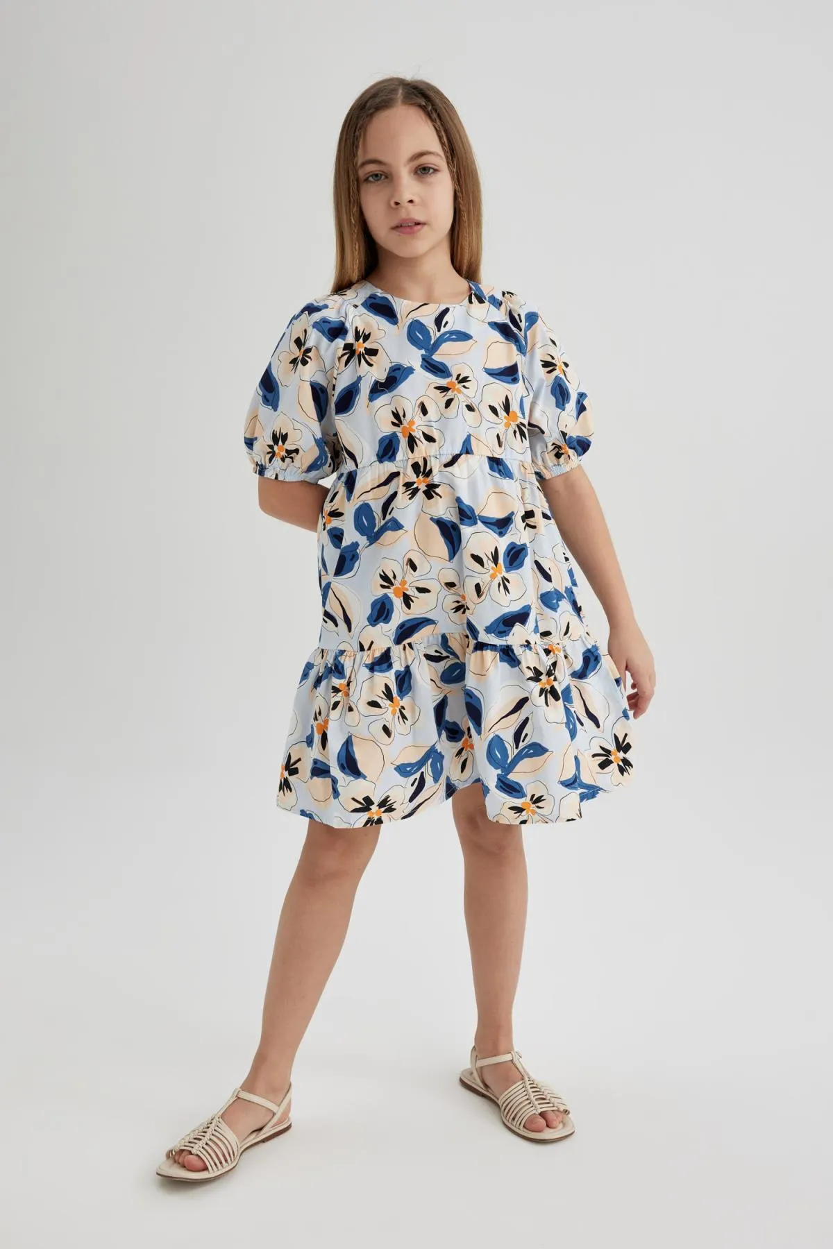 DeFacto  Gemustertes Popeline-Kleid mit kurzen Ärmeln für Mädchen C0707a824sm