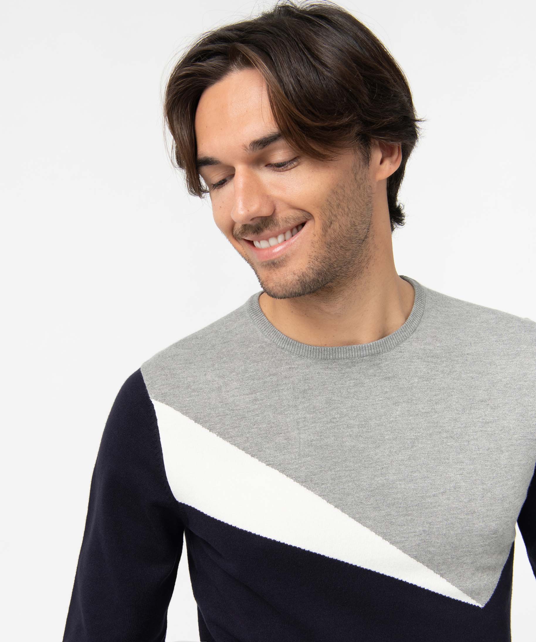 Pull homme tricolore en maille fine gris | GEMO