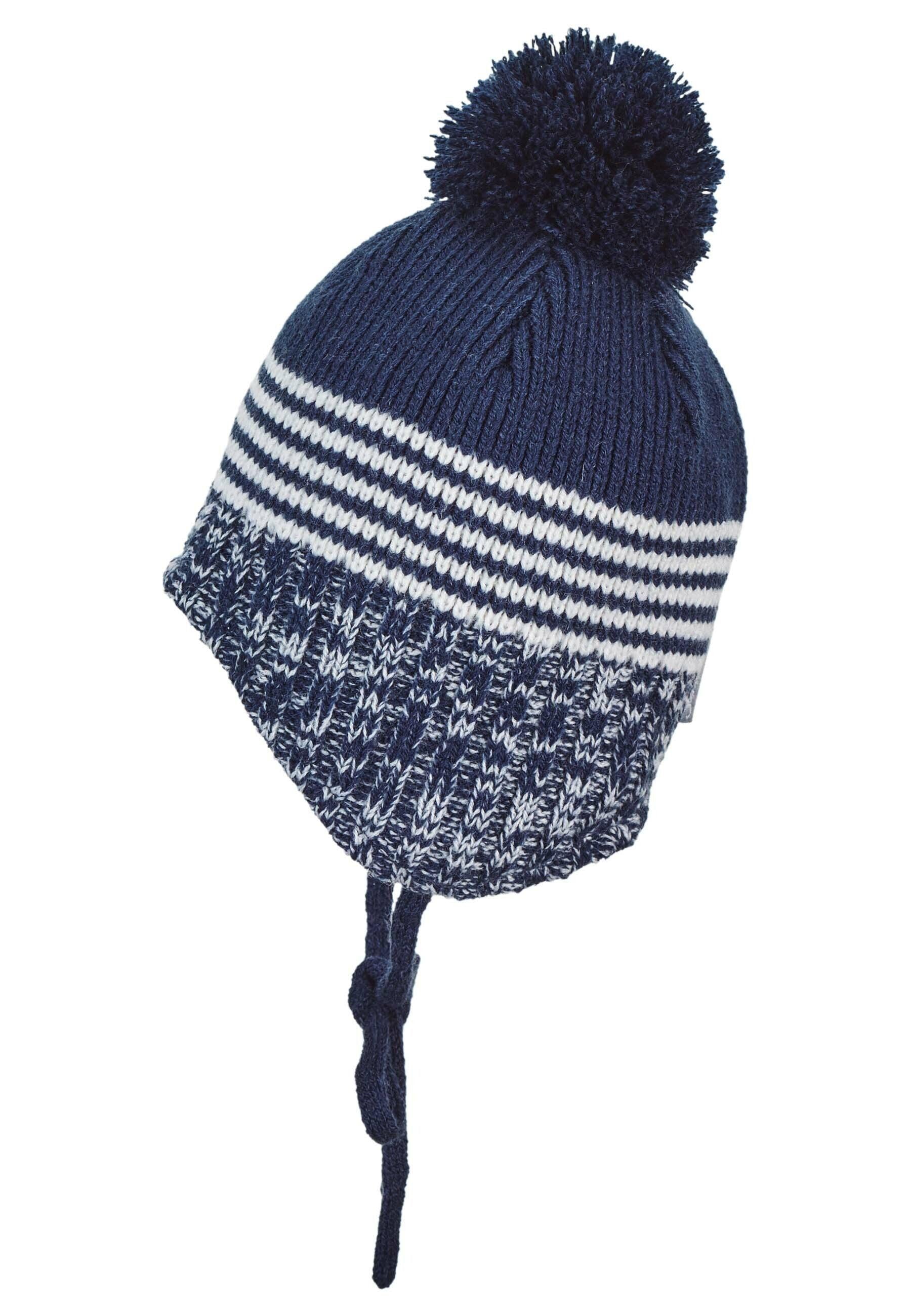 Strickmütze im Mustermix mit Bommel und Bindeband