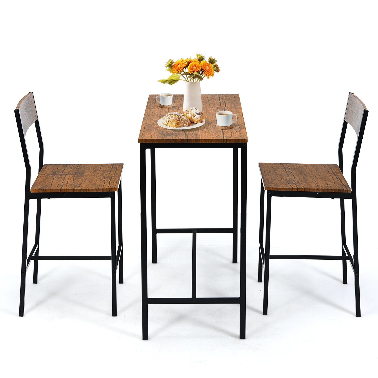 COSTWAY Bartisch, Set Esstisch (90x45x88,5cm) mit 2 Stühlen, 3 tlg., Metall