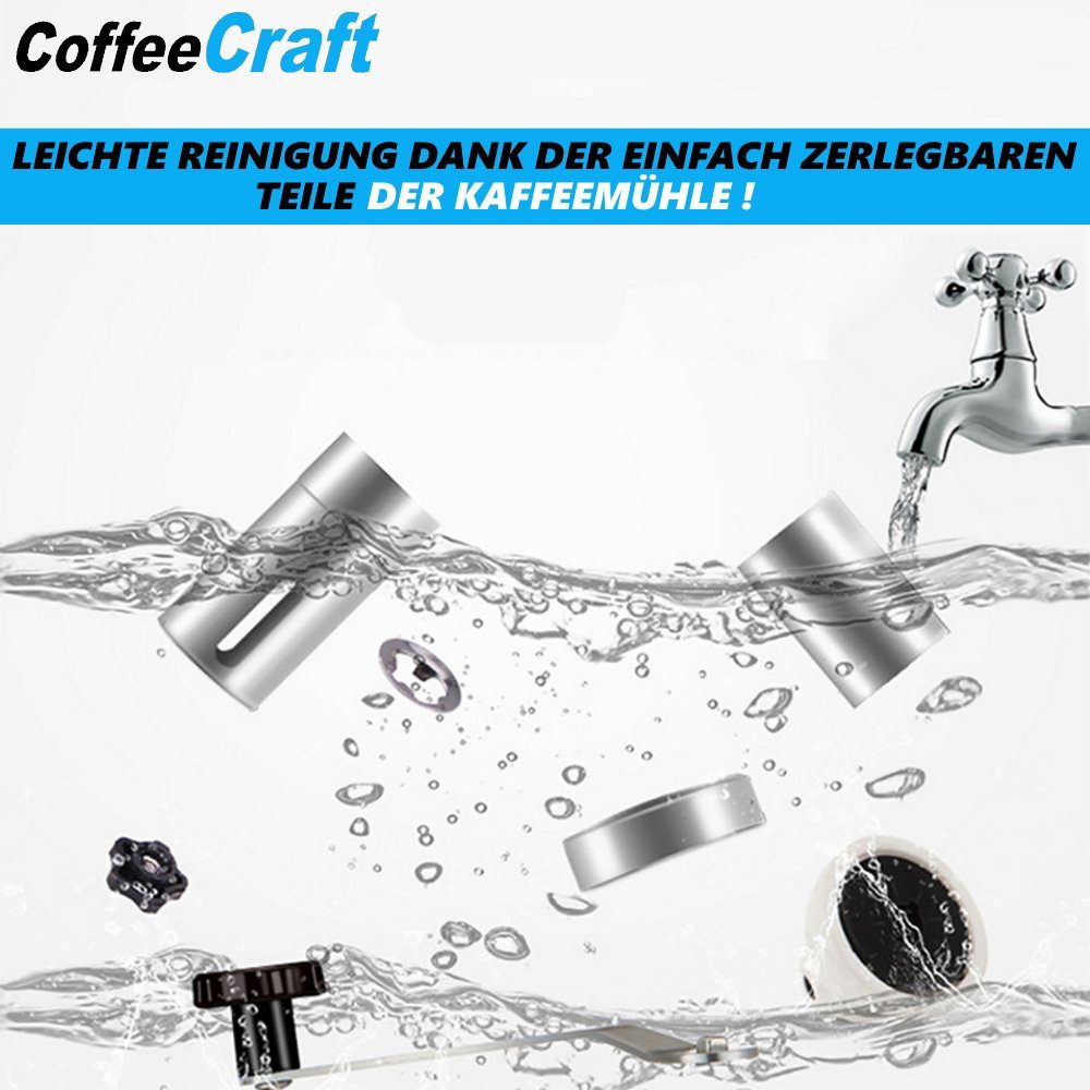 MAVURA Kaffeemühle CoffeeCraft Manuelle Kaffee Mühle Edelstahl Handkaffeemühle, mit Keramik-Mahlwerk Tragbar Silber
