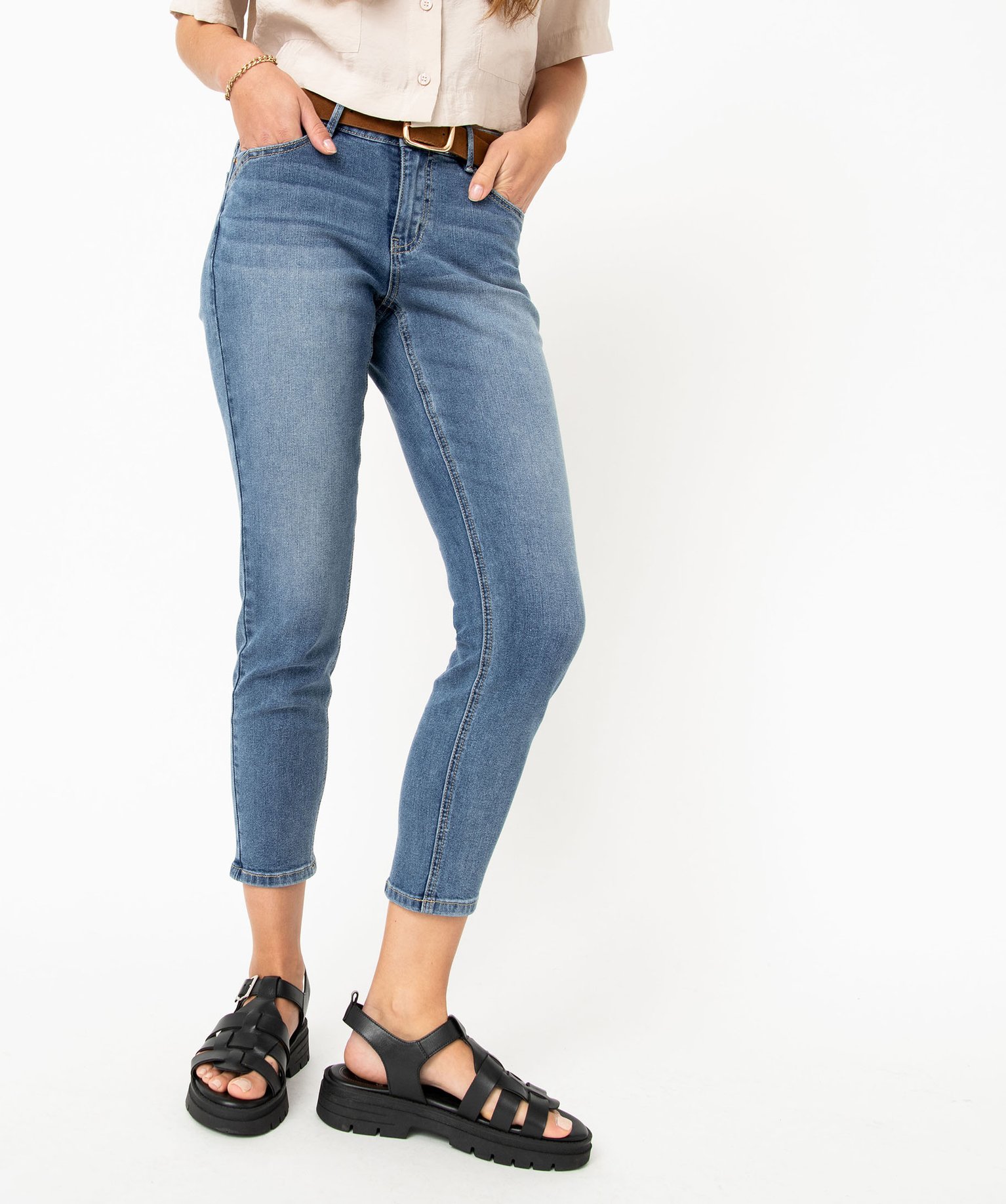 Jean slim longueur 7/8ème avec ceinture femme stone | GEMO