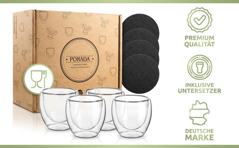 PORADA Espressoglas 4er Set doppelwandige Espresso Gläser 80ml, 4-teilig, Espresso Gläser-Set 80ml, doppelwandig, isolierend