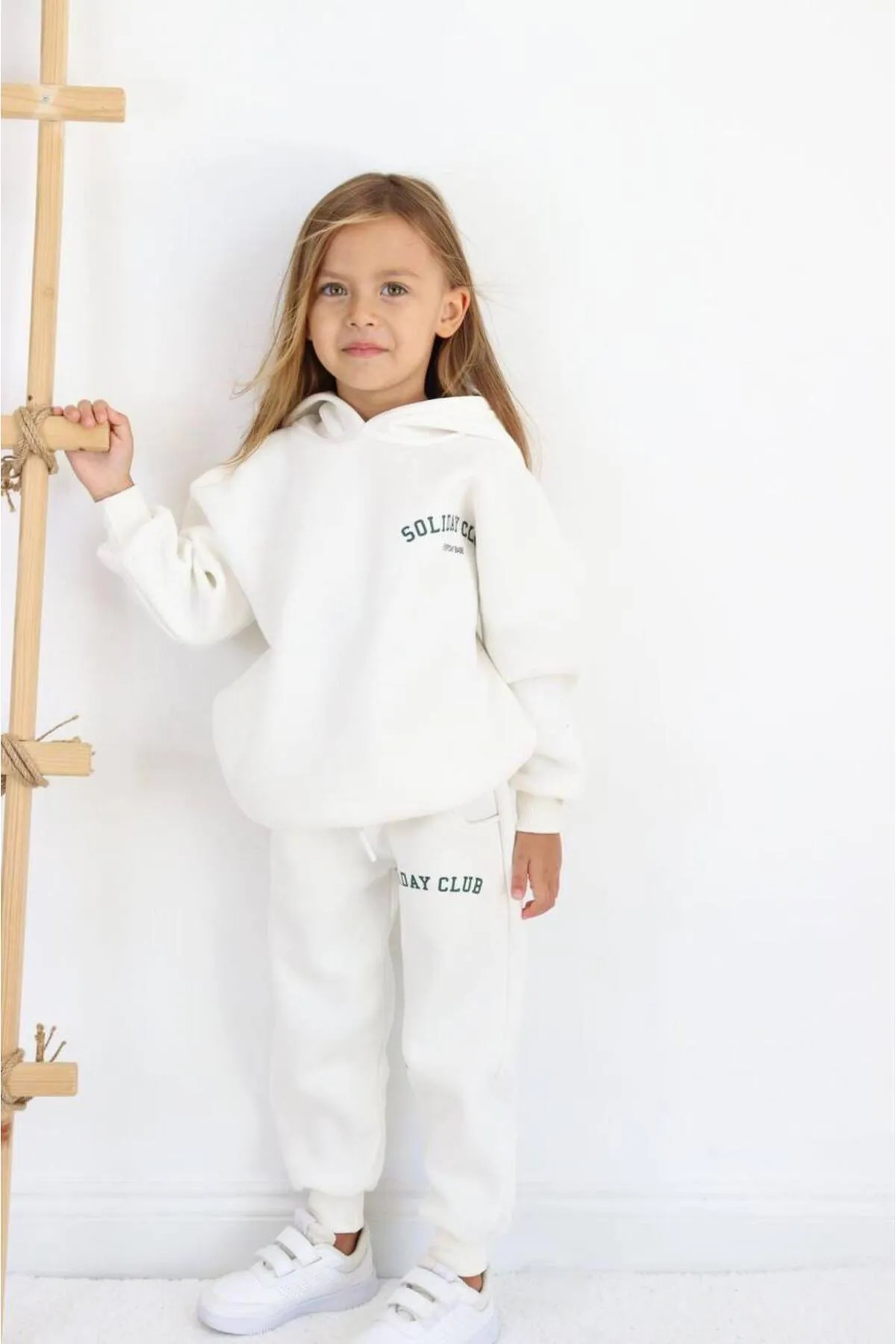 Lolliboomkids  Ecrufarbenes 3-Faden-Raised-Slogan-Schriftzug-Winter-Trainingsanzug-Set mit Kapuze und Oberteil für Mädchen in Übergröße