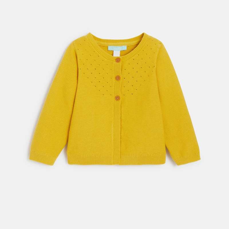 Gilet maille tricot effet pointelle jaune bébé fille