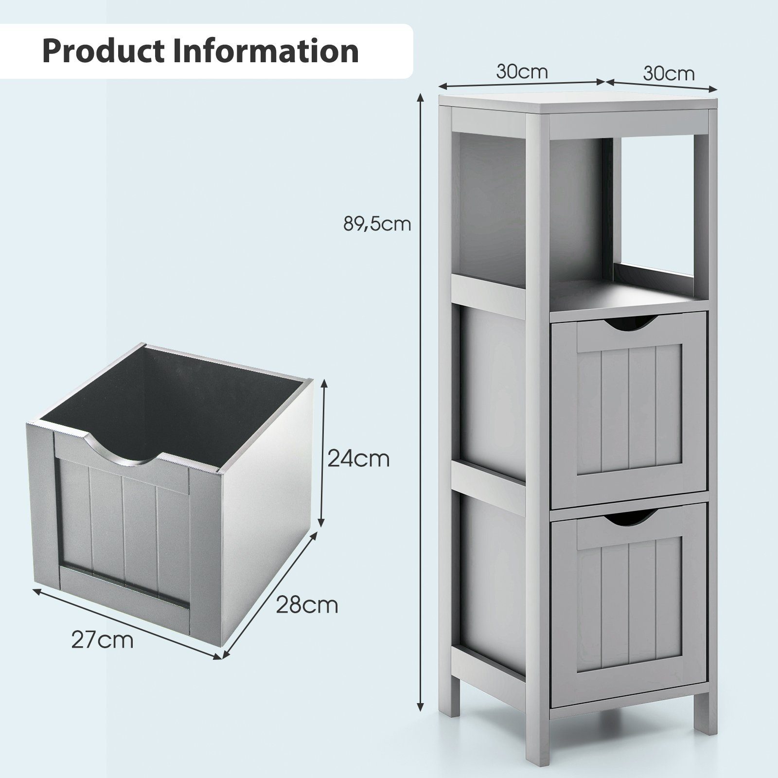 COSTWAY Badkommode, Badezimmerschrank, mit 2 Schubladen & Regal, 30x30x90cm