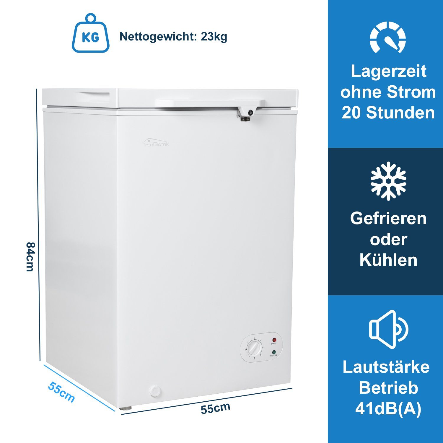 TroniTechnik Gefriertruhe BORGAR 110 PRO, 55 cm breit, 100 l, inkl. Dual Thermostat, LED Licht, Griff, Schloss, Rollen, Einlegekorb