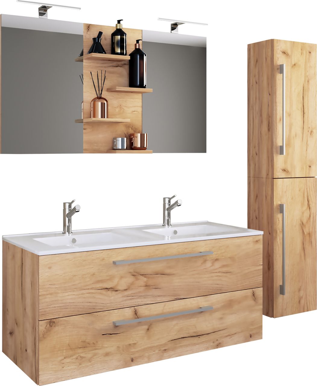 VCM 4-tlg. Waschplatz Budasi Spiegel mit Hochschrank Honig-Eiche