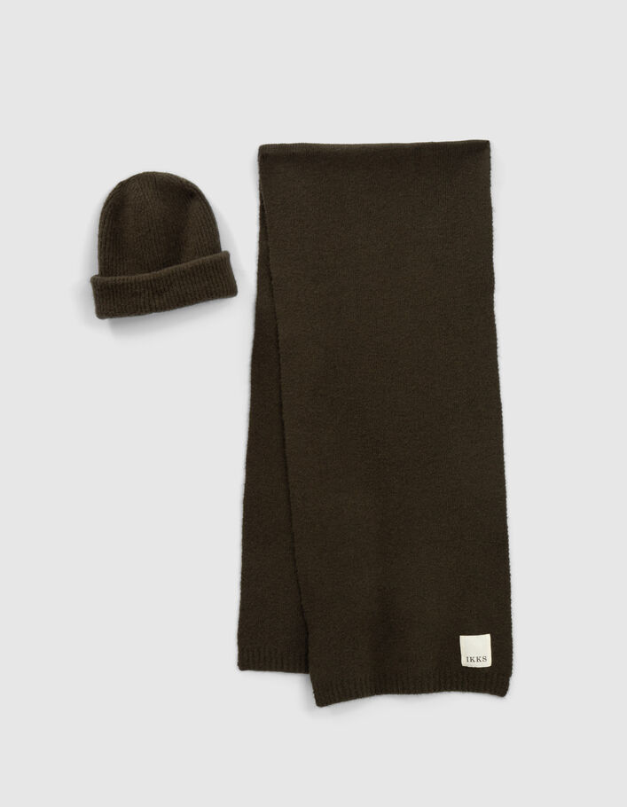 Set bonnet et écharpe kaki tricot Femme