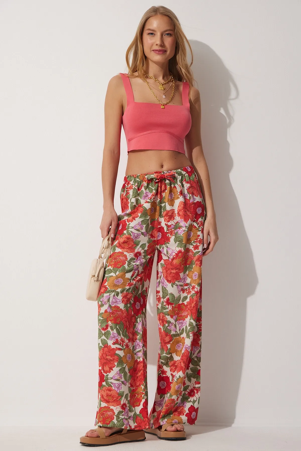 Happiness İstanbul  Grün-orange geblümte Leinen-Palazzo-Hose für Damen BH00385