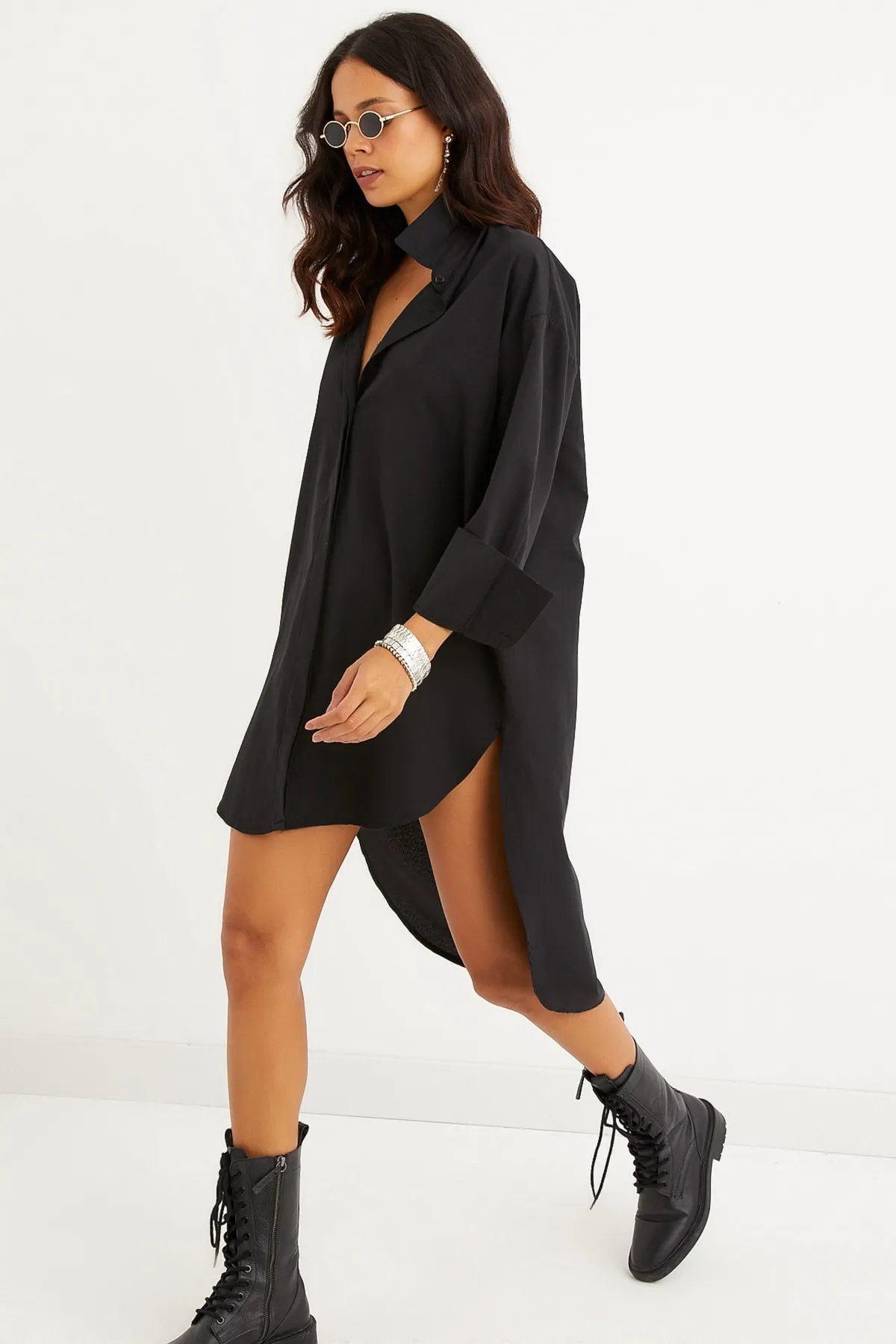 Cool & Sexy  Schwarzes Tunika-Hemdkleid mit versteckten Knöpfen für Damen SF1292
