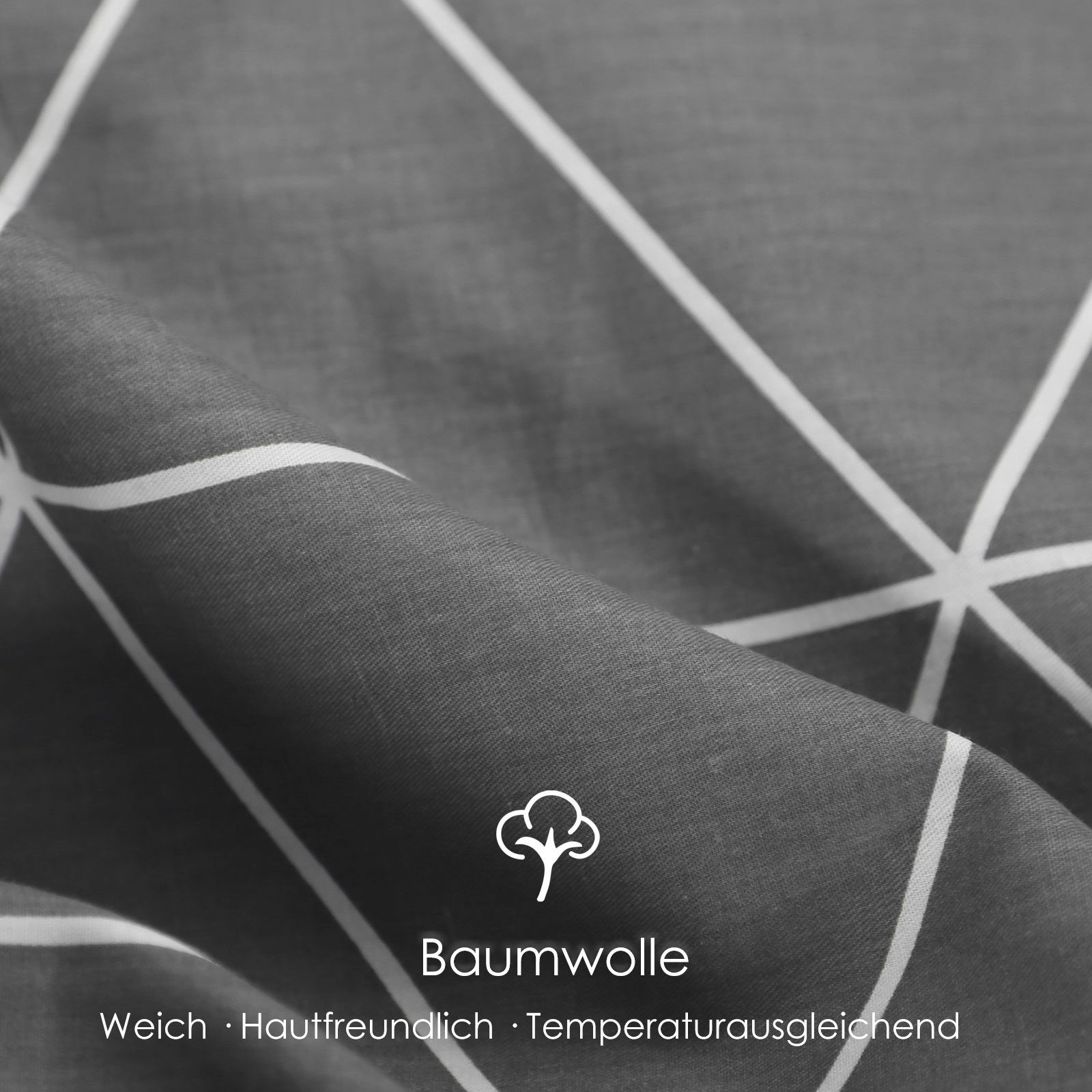Bettwäsche Geometrisches Linienmuster, KEAYOO, Baumwolle, 2 teilig, 100% Baumwolle Bettwäsche mit Reißverschluss Dunkelgrau