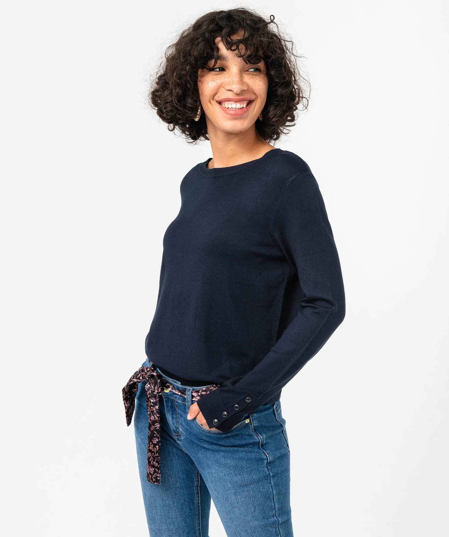 Pull à col rond en maille fine femme bleu | GEMO