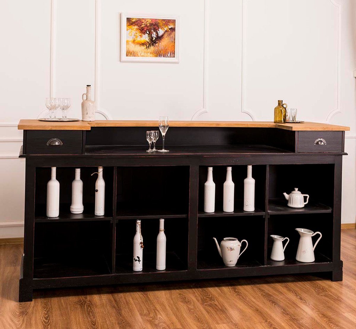 Casa Padrino Barschrank Landhausstil Thekenschrank Antik Schwarz / Naturfarben 220 x 65 x H. 107 cm - Ladentheke mit Schubladen und Ablagefächer