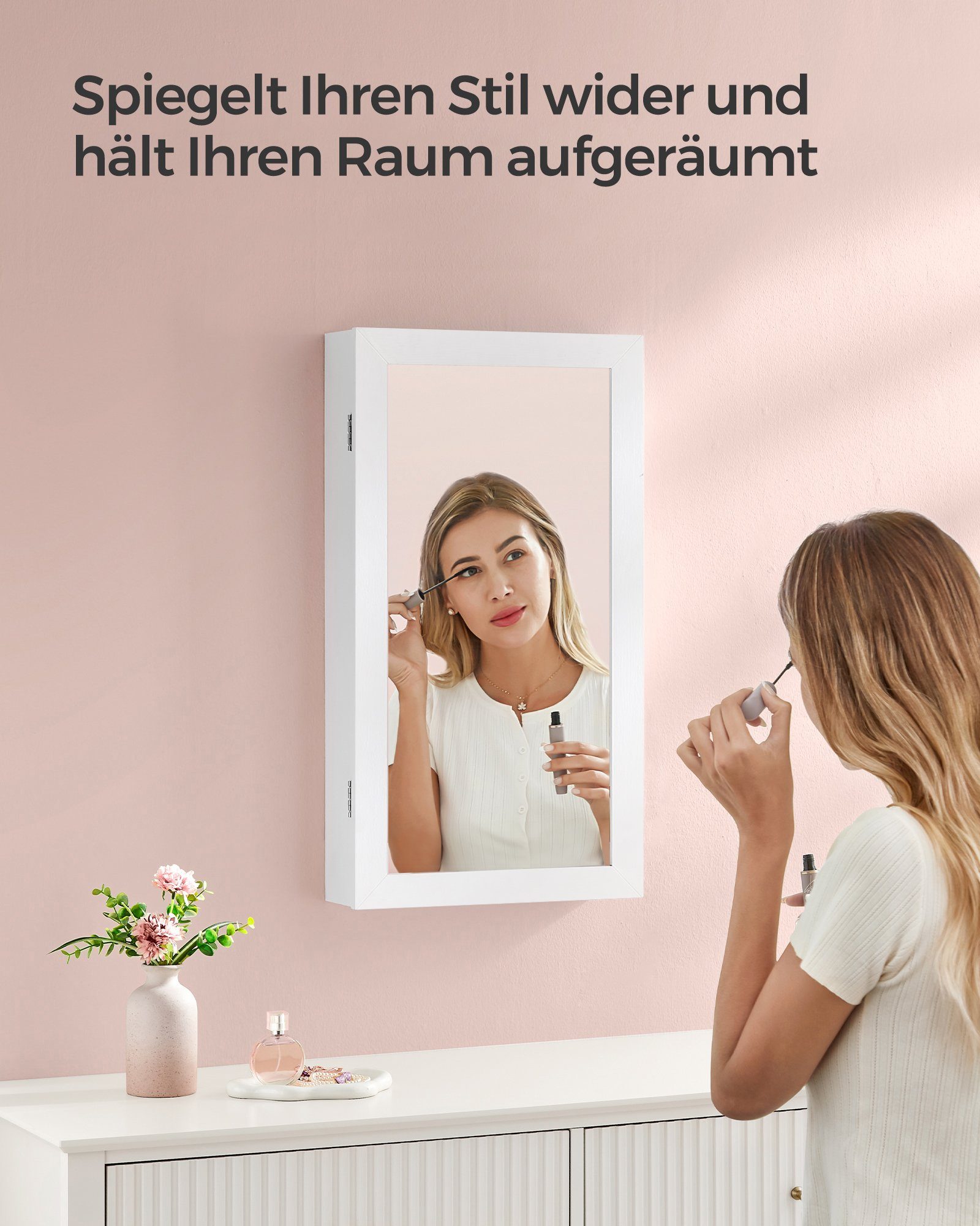 SONGMICS Schmuckschrank Spiegelschrank abschließbarer Wandschrank, weiß